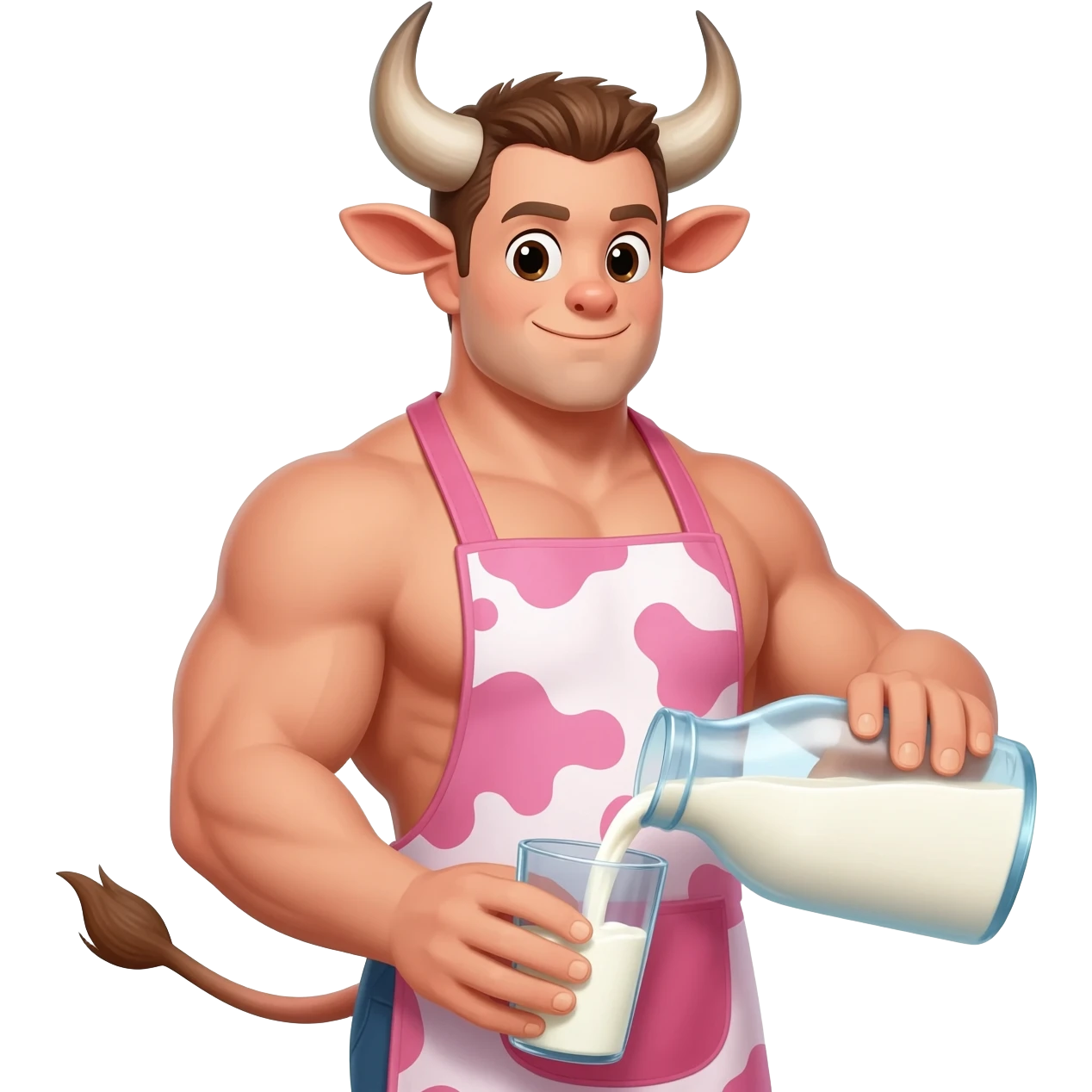 extra large muscular handsome man in the collar with bull horns and and bull ears bull tail dressed in cute apron with pink cow print pouring milk from a glass emoji