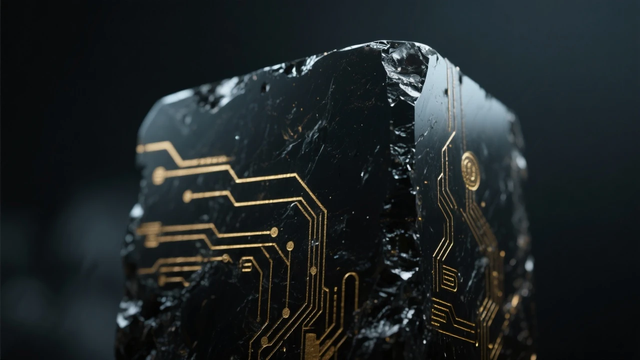 Closeup of black obsidian monolith with subtle gold technology etchings in moody, dark lighting. emoji