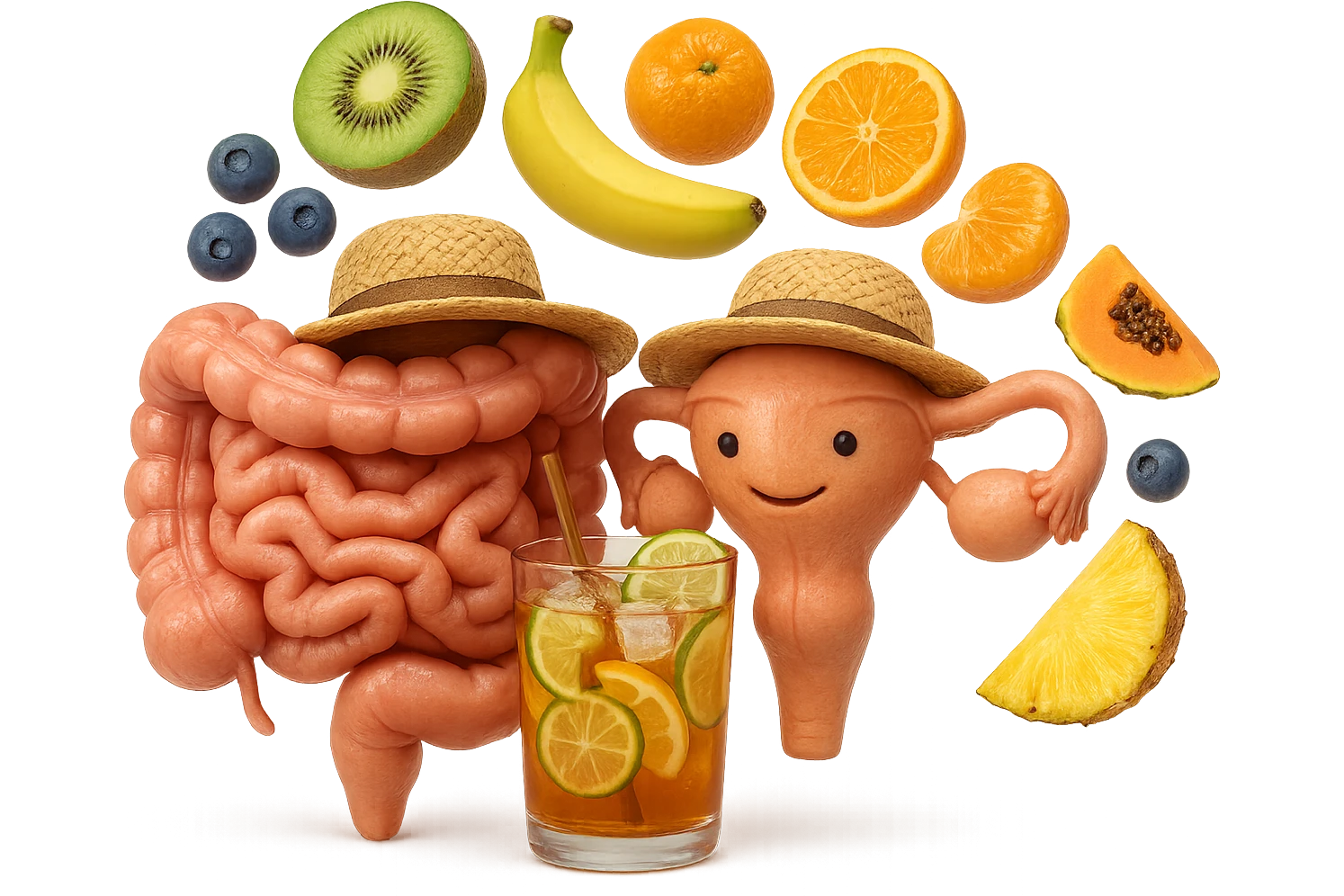 EMOJI STILE IPHONE DI INTESTINO E UTERO UMANI REALISTICI CON CAPPELLO DI PAGLIA DA SPIAGGIA CHE BEVE UN Tè FREDDO IN BICCHIERE DI VETRO CON DENTRO  fette di cetriolo, limone, lime, DIETRO L'INTESTINO FLUTTUANO PEZZETTI DI Kiwi
Banana acerba
Arance e mandarini
Mirtilli
Ananas
Papaya
IPERREALISTICO 4K emoji