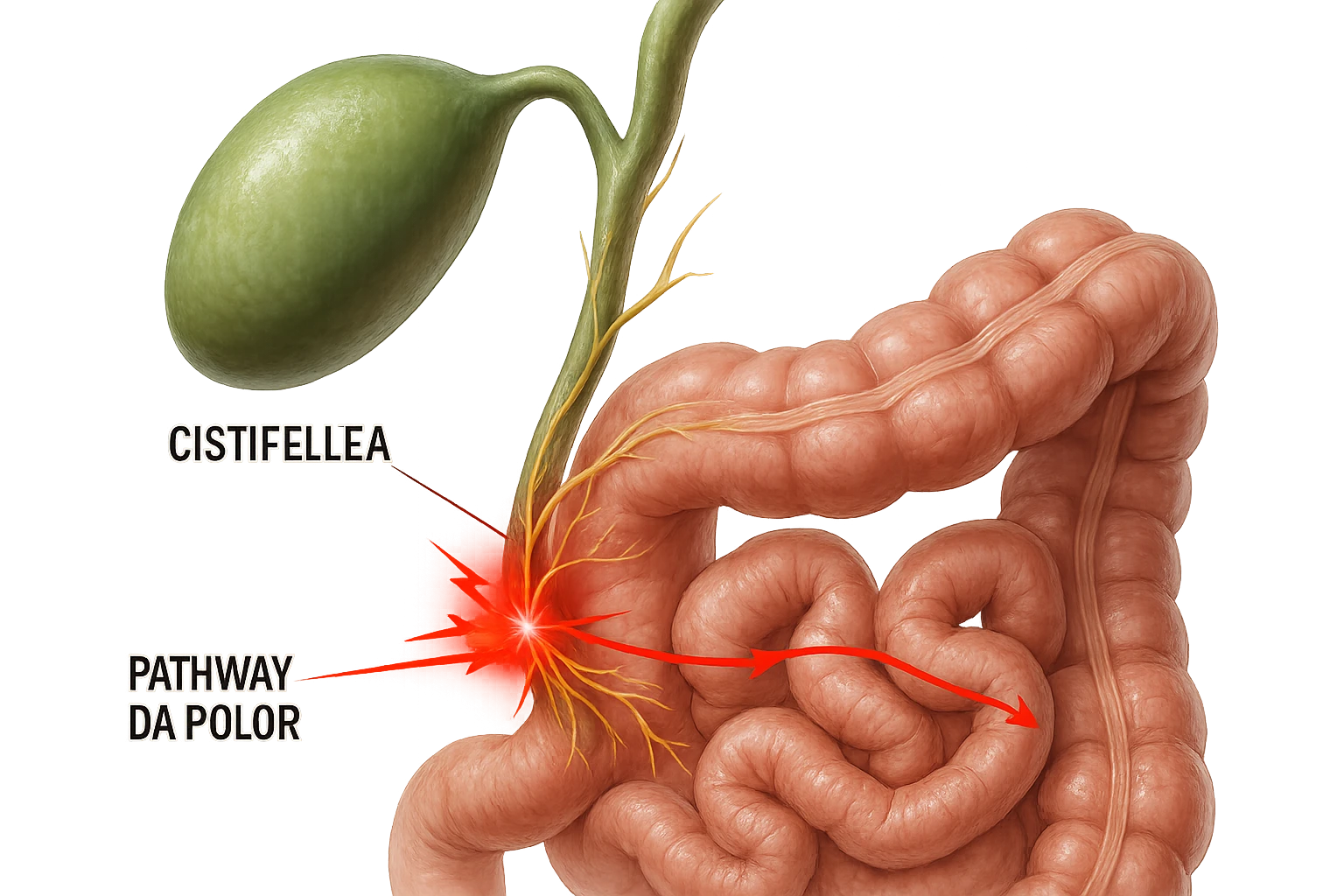CISTIFELLEA E INTESTINO SONO COLLEGATI NEL DOLORE, iperrealistico 4k emoji