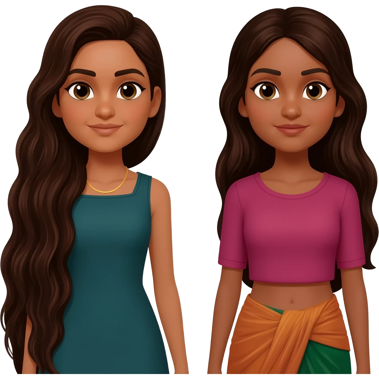 two identical friends with the emoji style. One has super long dark brown hair that goes to waist, one has long hair that is also dark brown. They both have Indian skin emoji