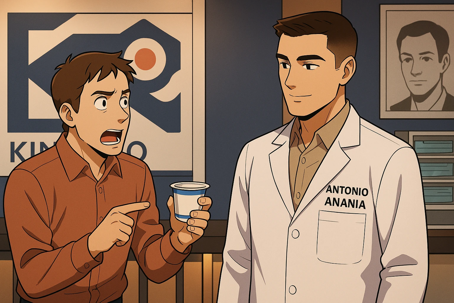 fai un webtoon manga a colori con questo stile, in cui un uomo chiede al kinesiologo con il camice bianco (fagli anche la scritta "ANTONIO ANANIA" SUL CAMICE, una domanda e il kinesiologo gli risponde, L'UOMO INDICA LO YOGURT CHE HA IN MANO ED è MOLTO ALLARMATO NEL FARE LA DOMANDA. non fare i fumetti però, fai solo in modo che sembri stiano parlando emoji