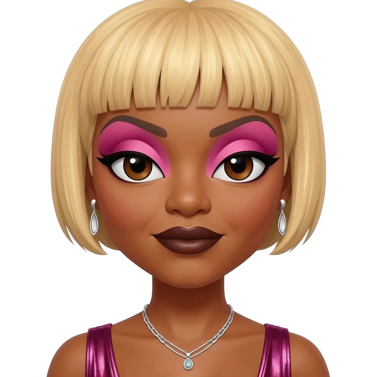 Tionne T-Boz Watkins from TLC with dark brown eyes, short blonde hair, pink eyeshadow, dark brown lipstick, dark pink metallic grecian dress, silver necklace and earrings emoji