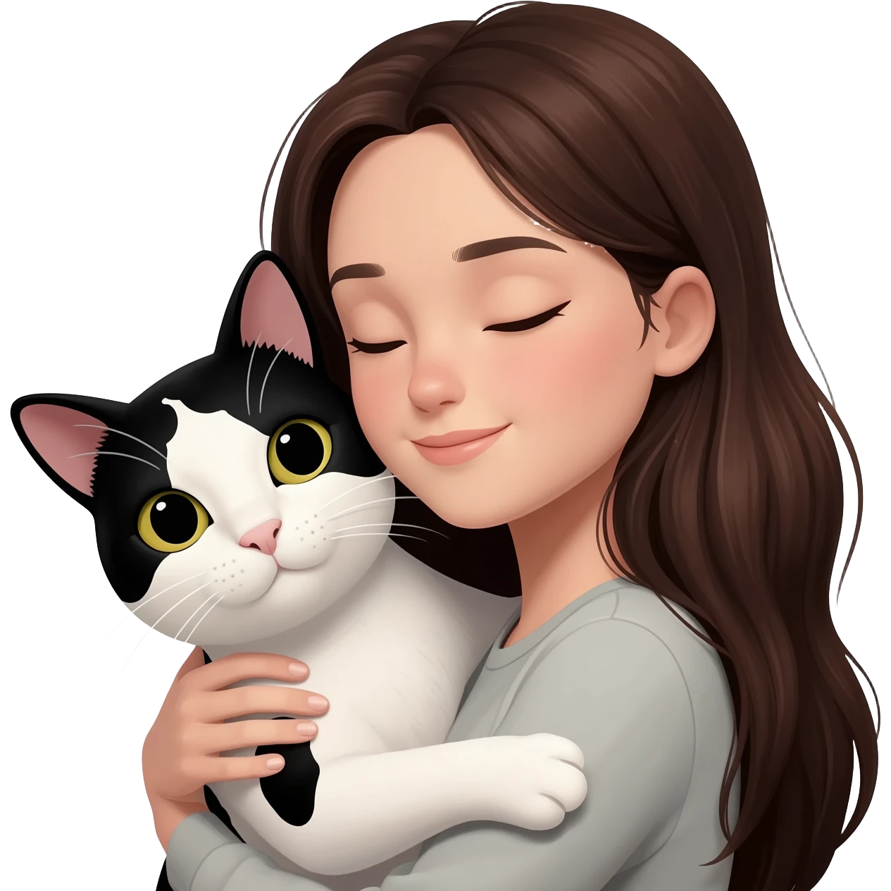 A young woman with long dark brown hair, hugging a black and white cow-patterned cat, 3D emoji style, white background. emoji