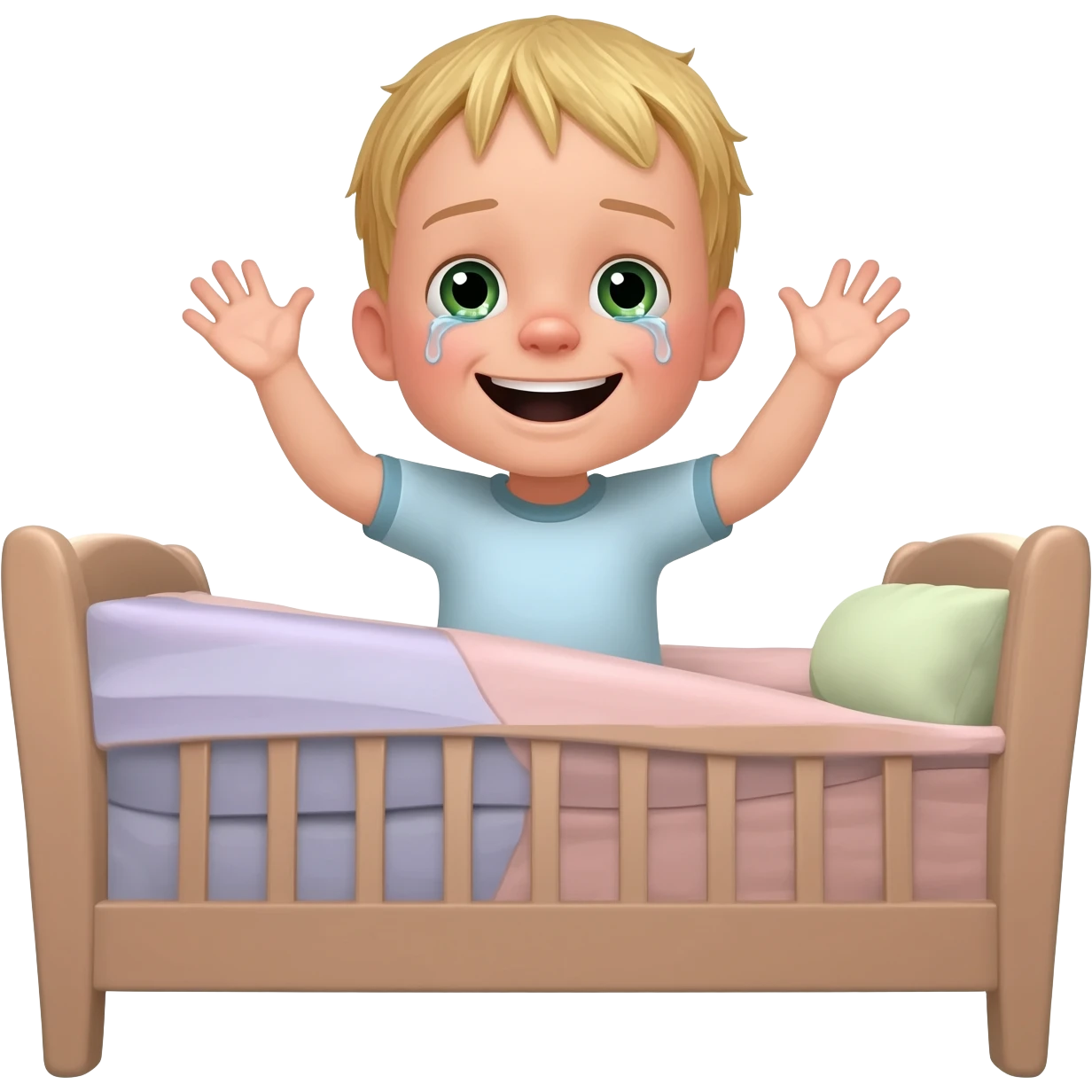 3 year old blonde boy with green-blueish eyes waking up from bed, raising both arms up. No tears. No scared face, he looks sad! Make the boy smile emoji