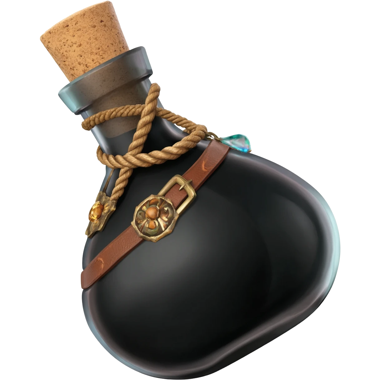 a black potion bottle a little rotated with a cork and decorations on the bottle like ropes and belts and random stuff emoji
