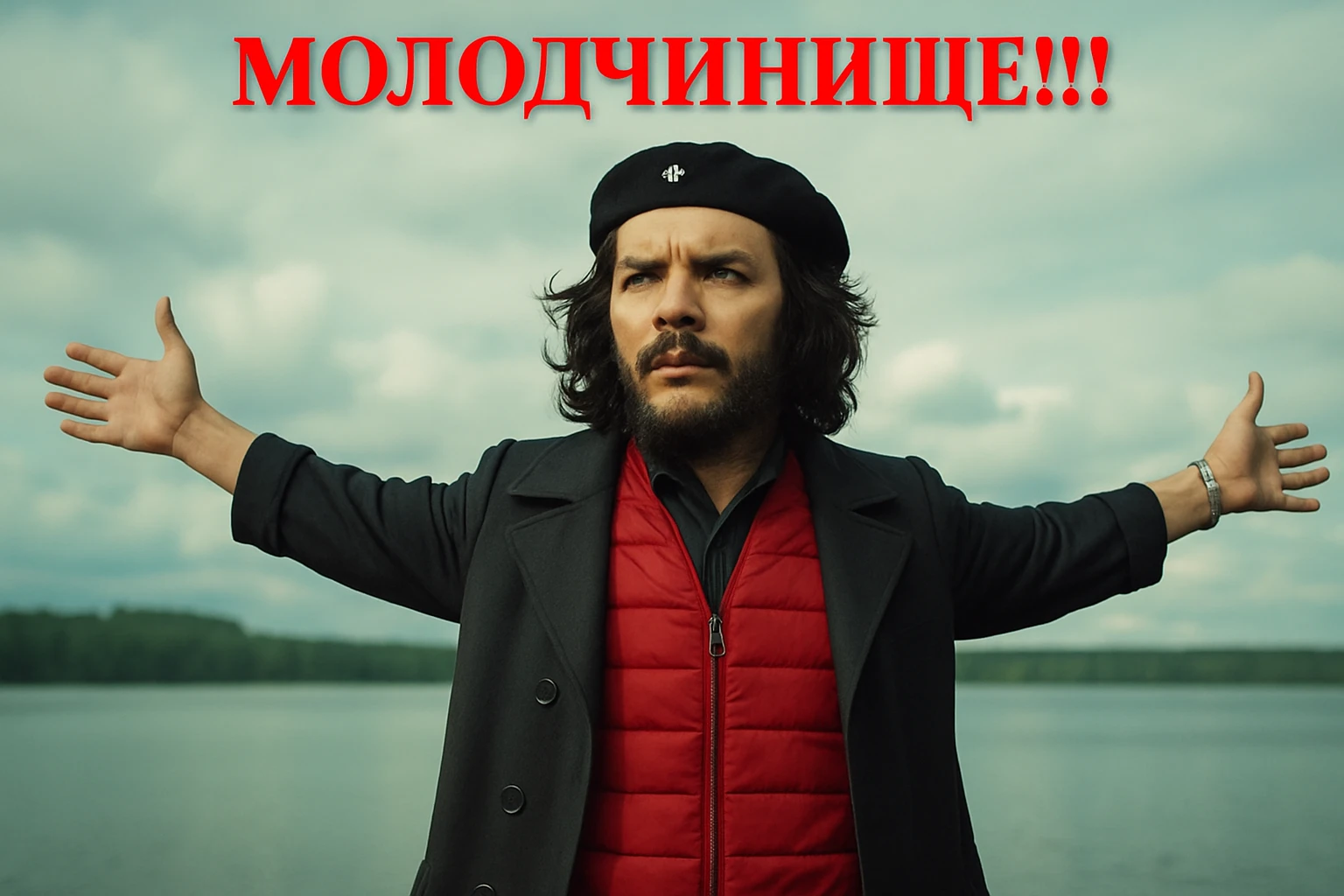 Сгенерируй мне в такой же позе и в такой же одежде Че Гевара (как на 2 фото) emoji