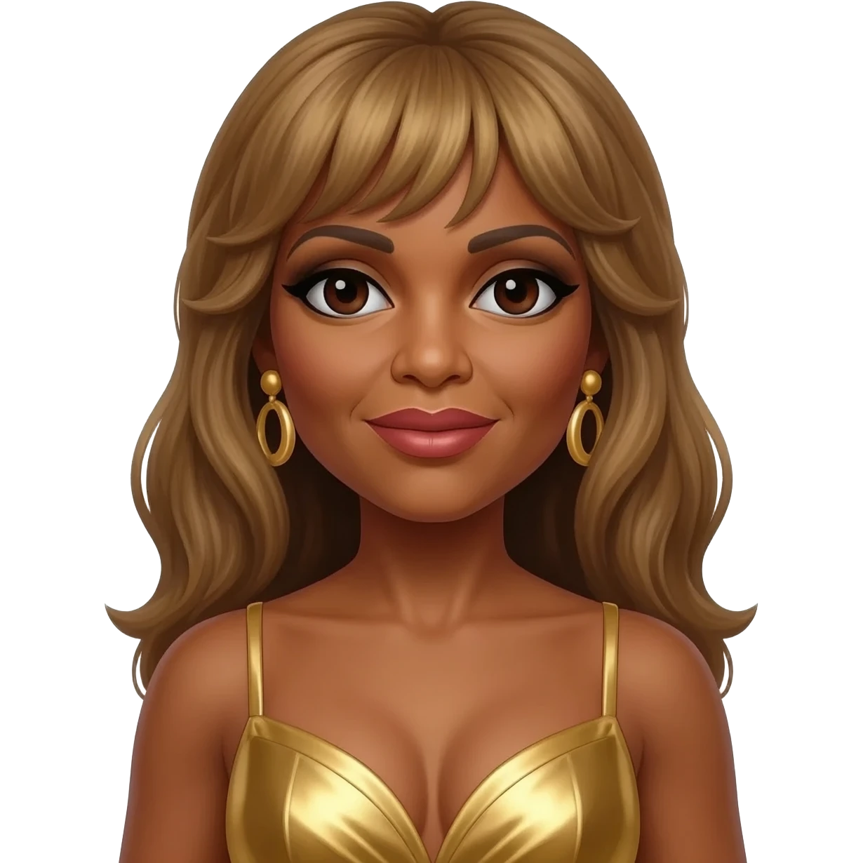 Tina Turner with dark brown eyes, long golden brown hair, gold metallic dress, gold earrings emoji