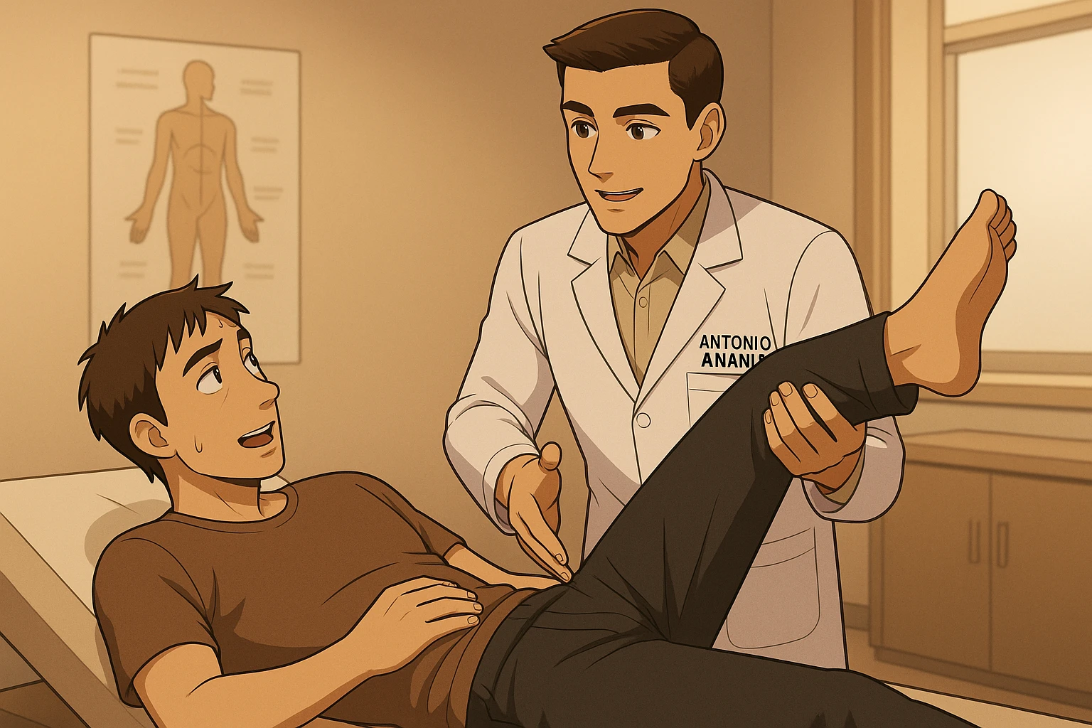 fai un webtoon manga a colori con questo stile, in cui un uomo è steso sul lettino medico e il kinesiologo con il camice bianco (fagli anche la scritta "ANTONIO ANANIA" SUL CAMICE, gli solleva una gamba per fargli il test neuromuscolare, IL KINESIOLOGO SPIEGA ALL'UOMO UNA cosa mentre gli alza la gamba. non fare i fumetti però, fai solo in modo che sembri stiano parlando emoji