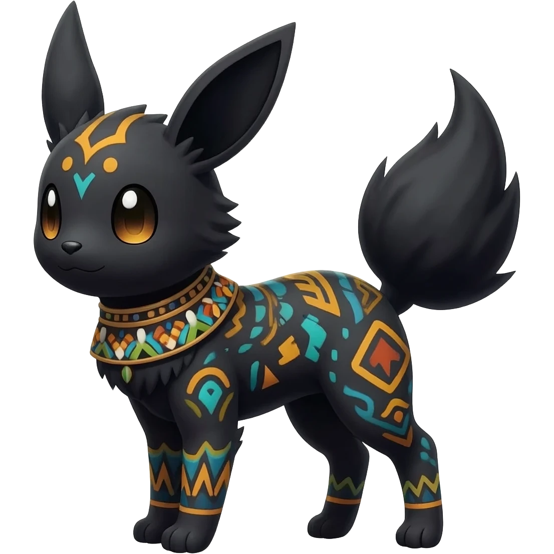 Rare charcoal-black exotic edgy cool epic aesthetic gothic colorful Salandit-Eevee-Civet-species-Fakemon-hybrid-creature, with a collar, and with intricate colorful tribal markings, full body emoji