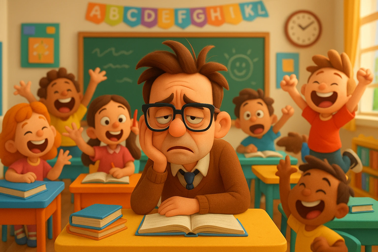 3d cartoon art of a exhausted teacher in a bustling classroom emoji