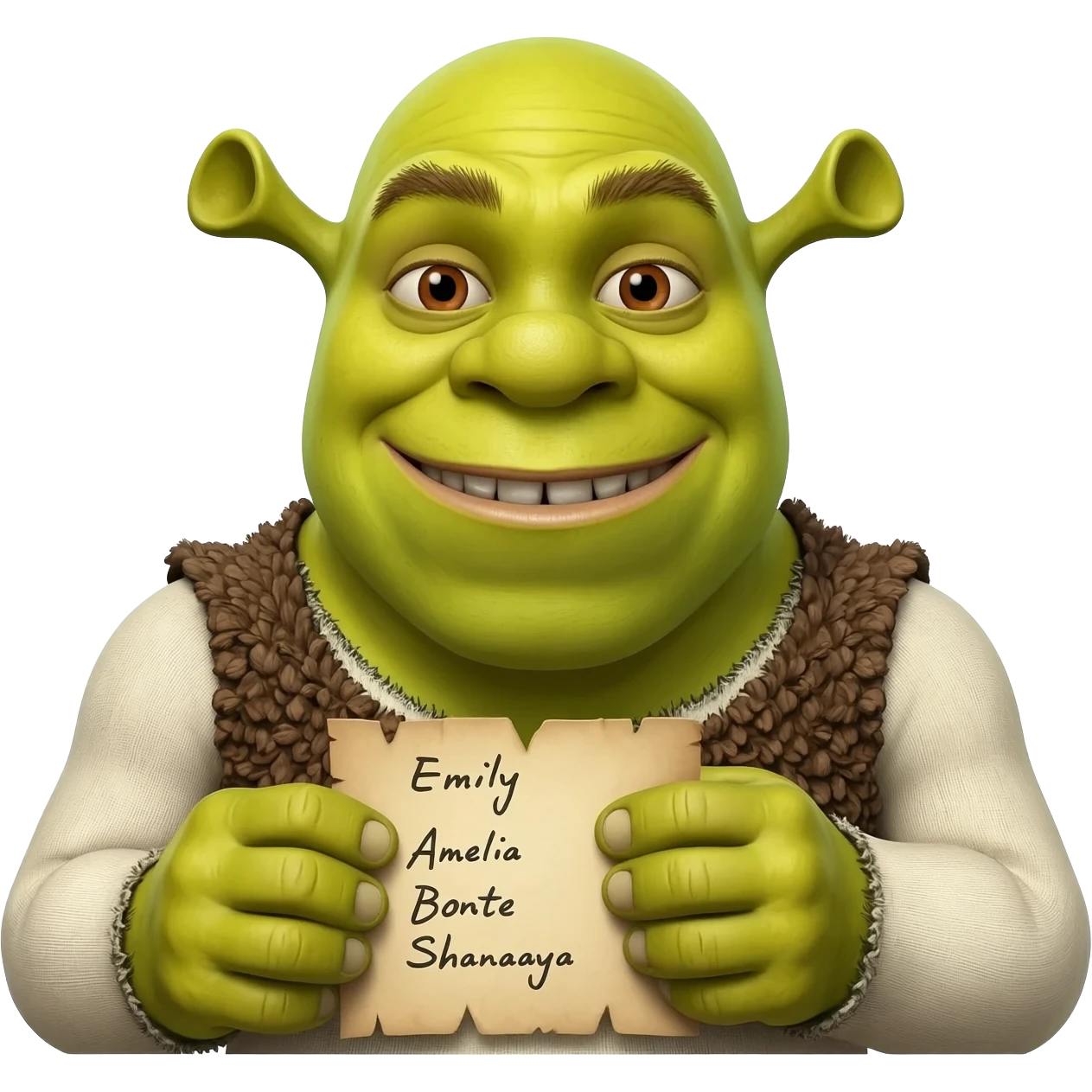 Shreck with a list that says Emily,Amelia,Bonte and Shanaaya emoji