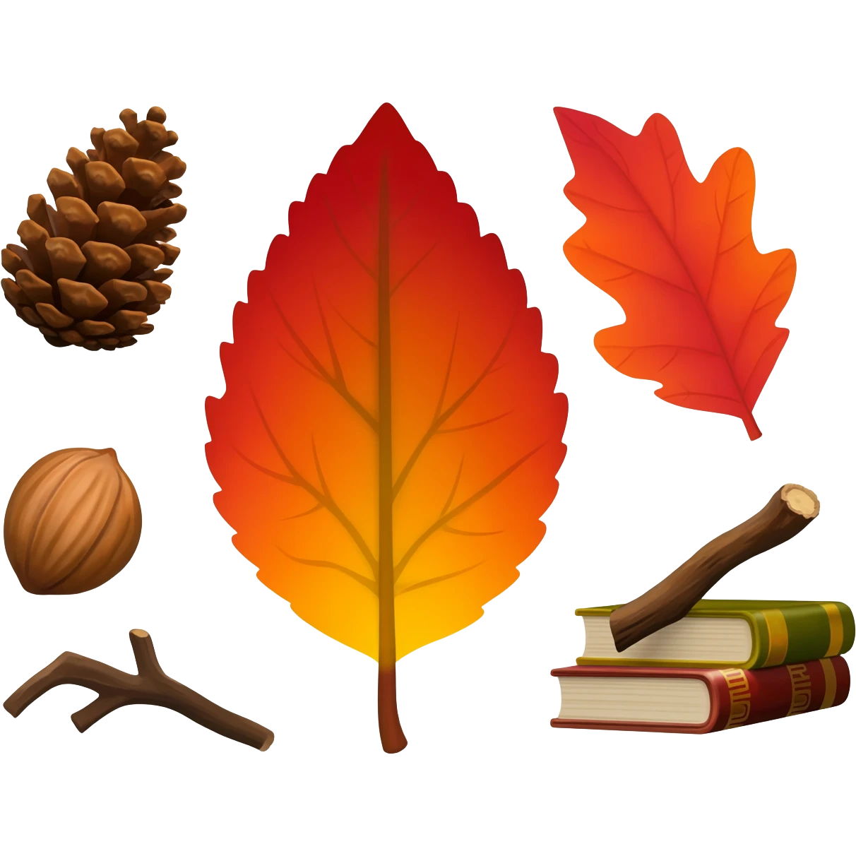 3 Red-orange-yellow-brown-gradients autumn leaves, pinecones, nuts, sticks, twigs, books emoji