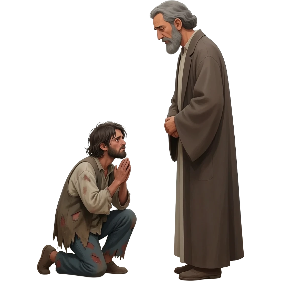 нарисую бедного молодого человека  на коленях  в рваной грязной одежде как он раскаивается перед отцом    ,  времена древнего иерусалима emoji