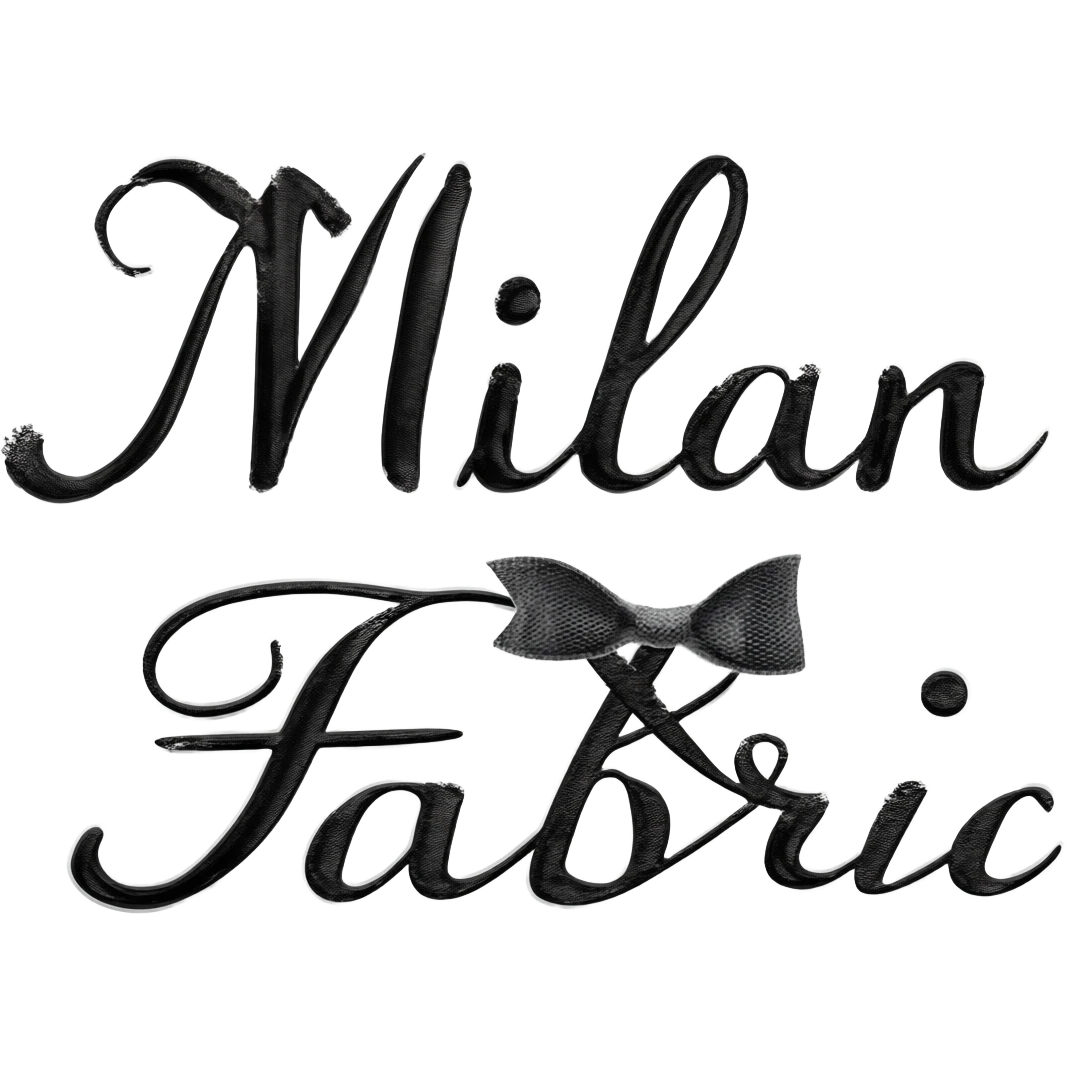 black logo in cursive with the name milan fabric kind of texturue and a black little bow ribbon the letter n emoji