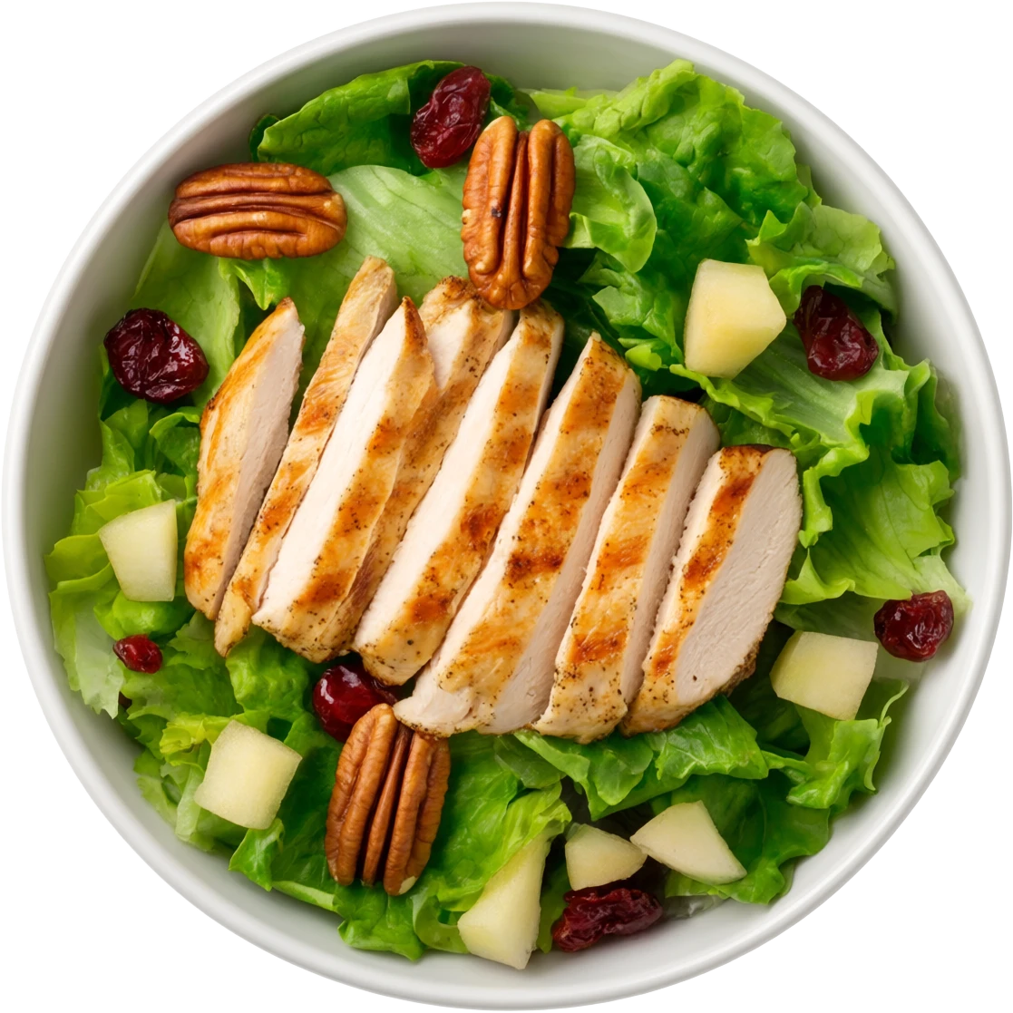 Salad with pecans, grilled chicken, dried cranberries, and apples made with iceberg lettuce emoji
