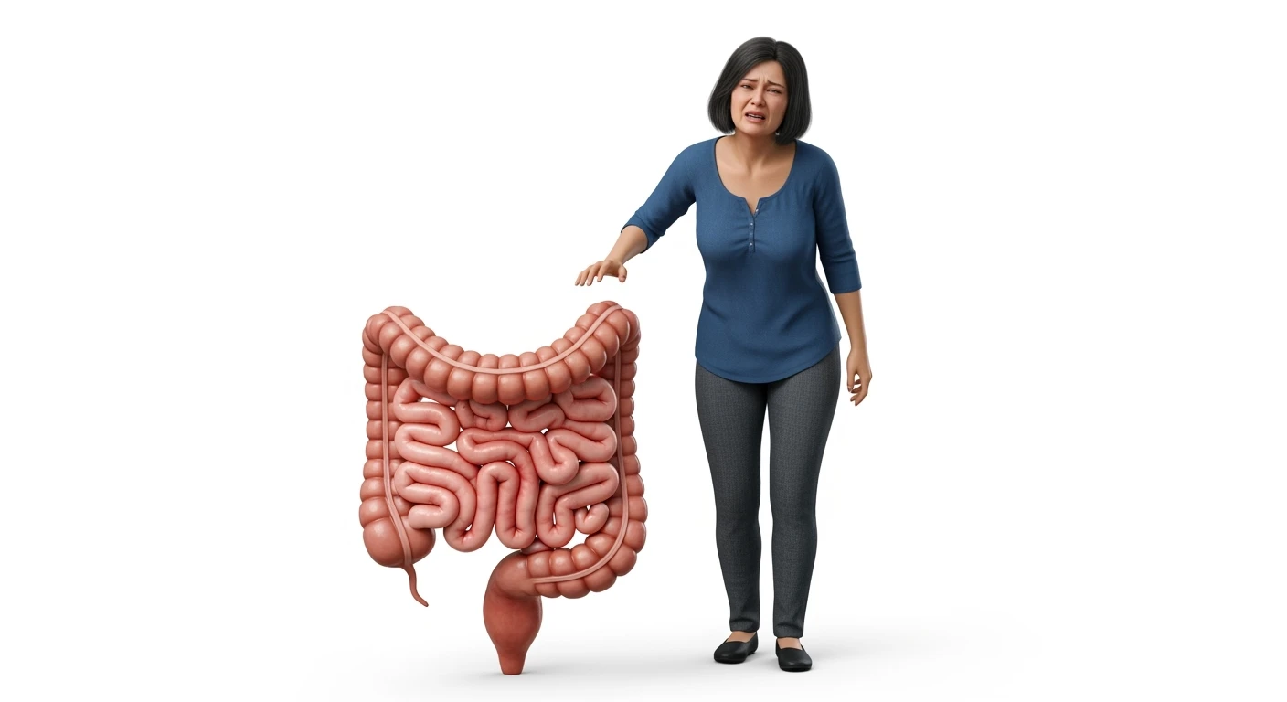 donna a figura intera con intestino umano realistico in 3d in evidenza dolorante, espressione di dolore in volto, sfondo bianco, non farla computerizzata, ma iperrealistica 4k, sfondo bianco emoji