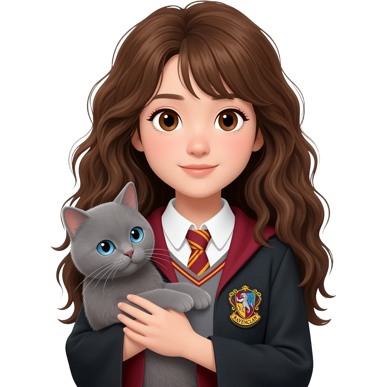 Asian girl with long messy wavy brown hair and brown eyes wearing "Ravenclaw" uniform, holding a gray cat with blue eyes in hands emoji