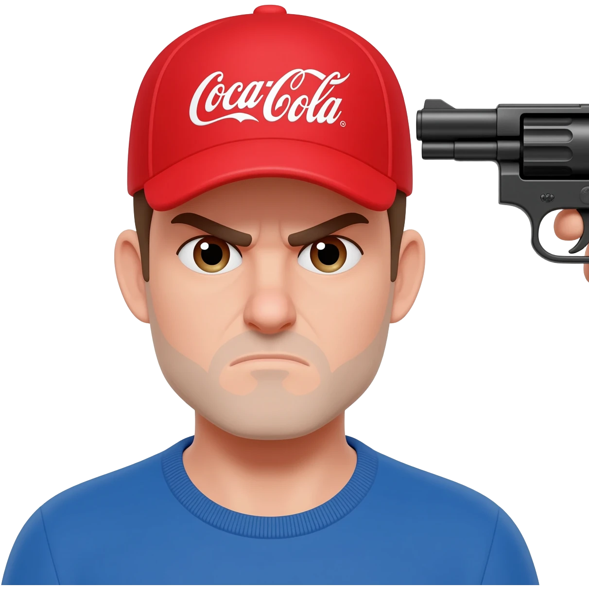grumpy coca-cola emoji with a cap with a gun pointing to his head emoji