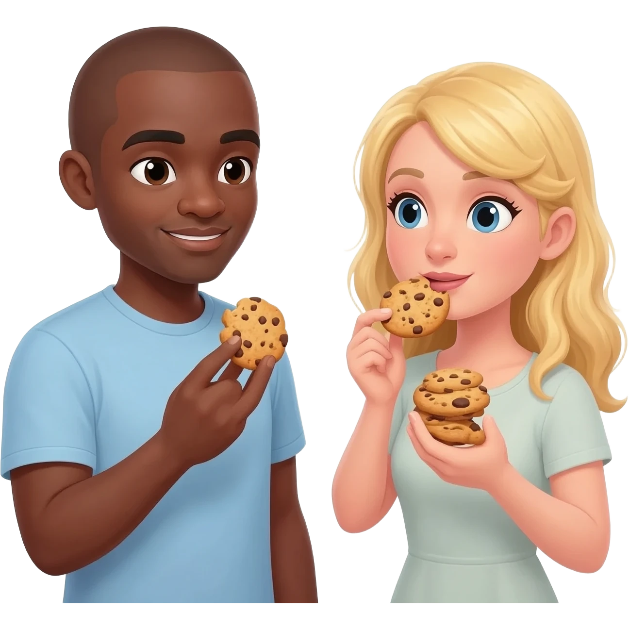 Black man with shaved head eating cookies with blonde woman emoji