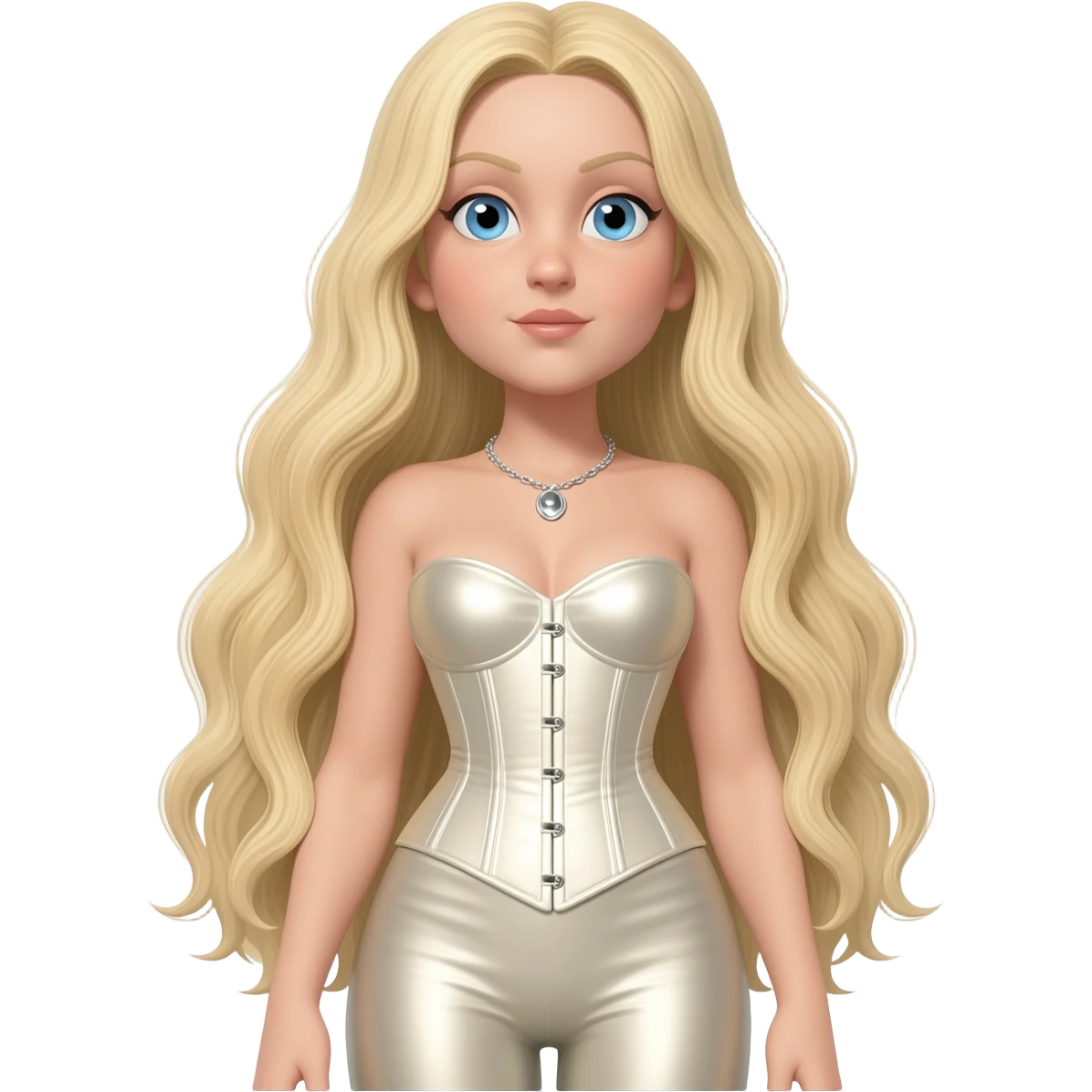 Madonna with blue eyes, long blonde hair, ivory metallic corset, ivory metallic leggings, silver necklace emoji