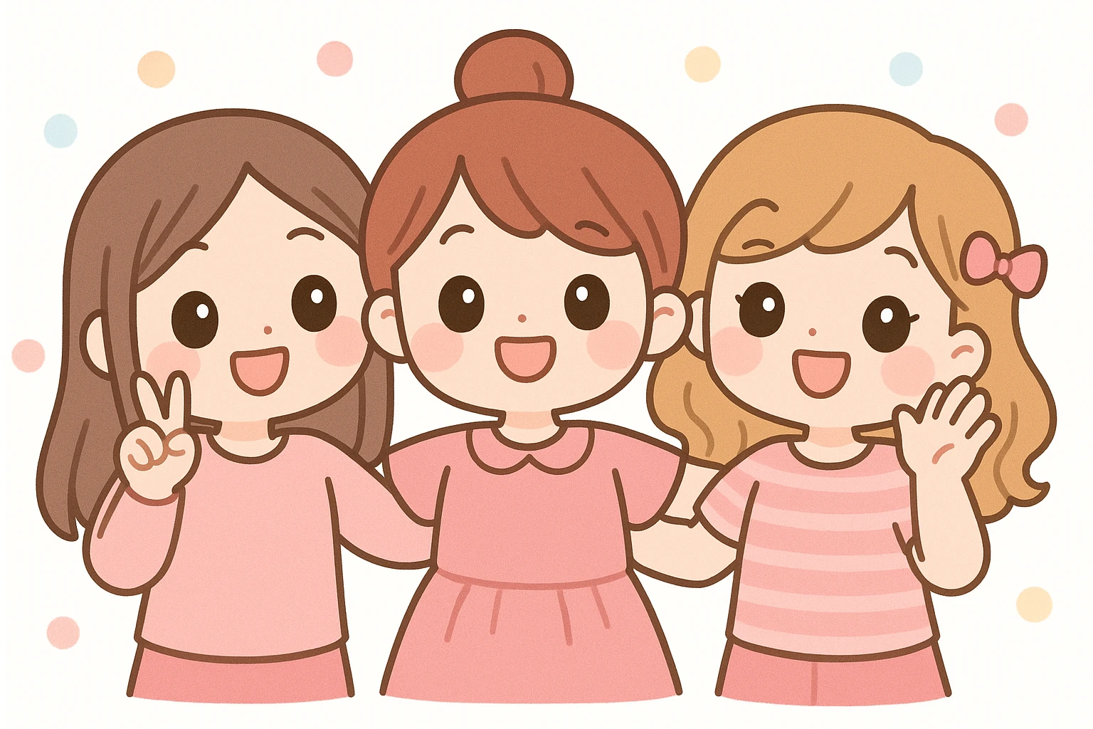 three girl best friends, cute cartoon style, upper body only, pink outfits, big smiles, playful mood emoji