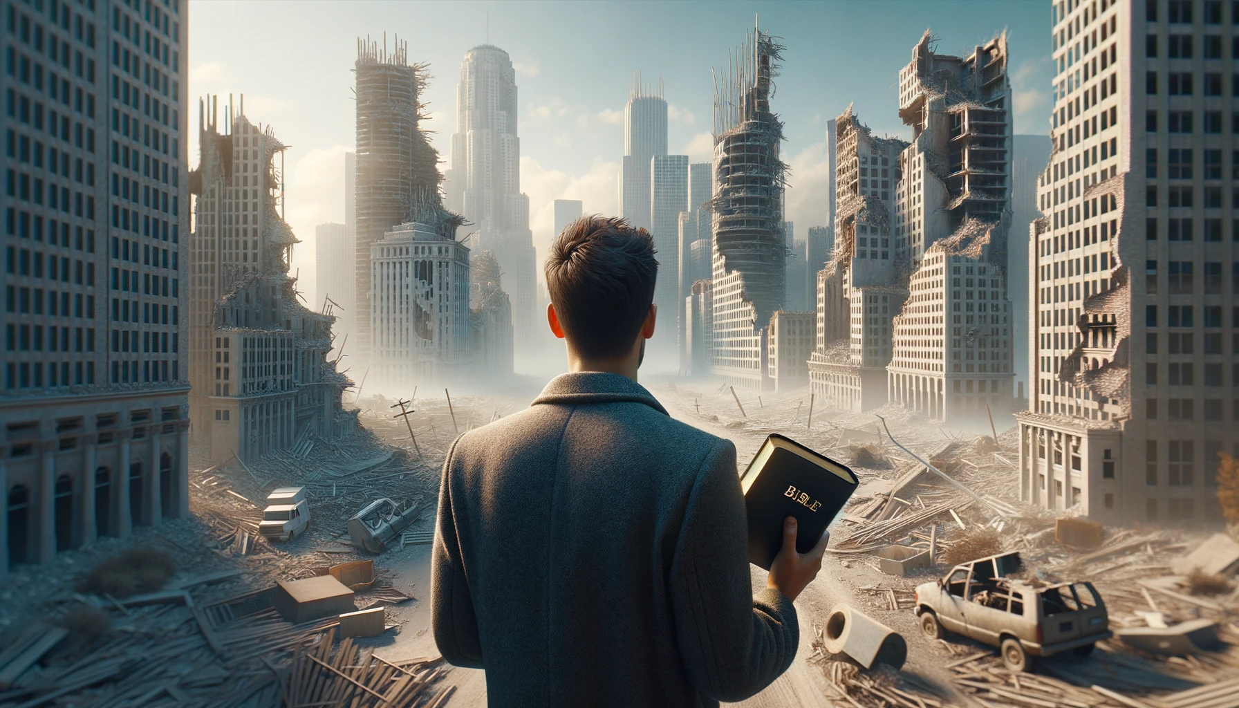 UOMO DI SPALLE DAVANTI AD UNA CITTà SMANTELLATA SENZA MURA CON UNA BIBBIA IN MANO, GUARDA LA CITTà, IPERREALISTICO 4K emoji