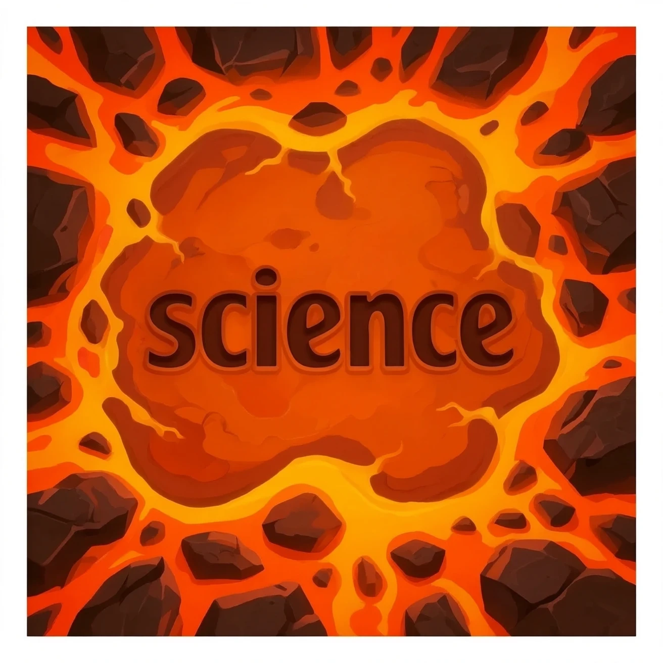 a orange burning planet that has "science" written on it in black letters in a realistic style emoji
