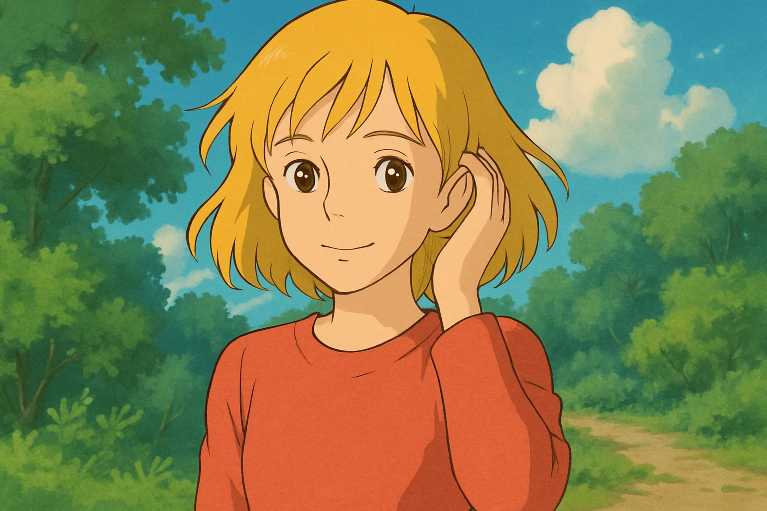 A girl yellow hair brown eyes red Just Cool Women's Long Sleeve Cool T-Shirt touching  to the ear emoji