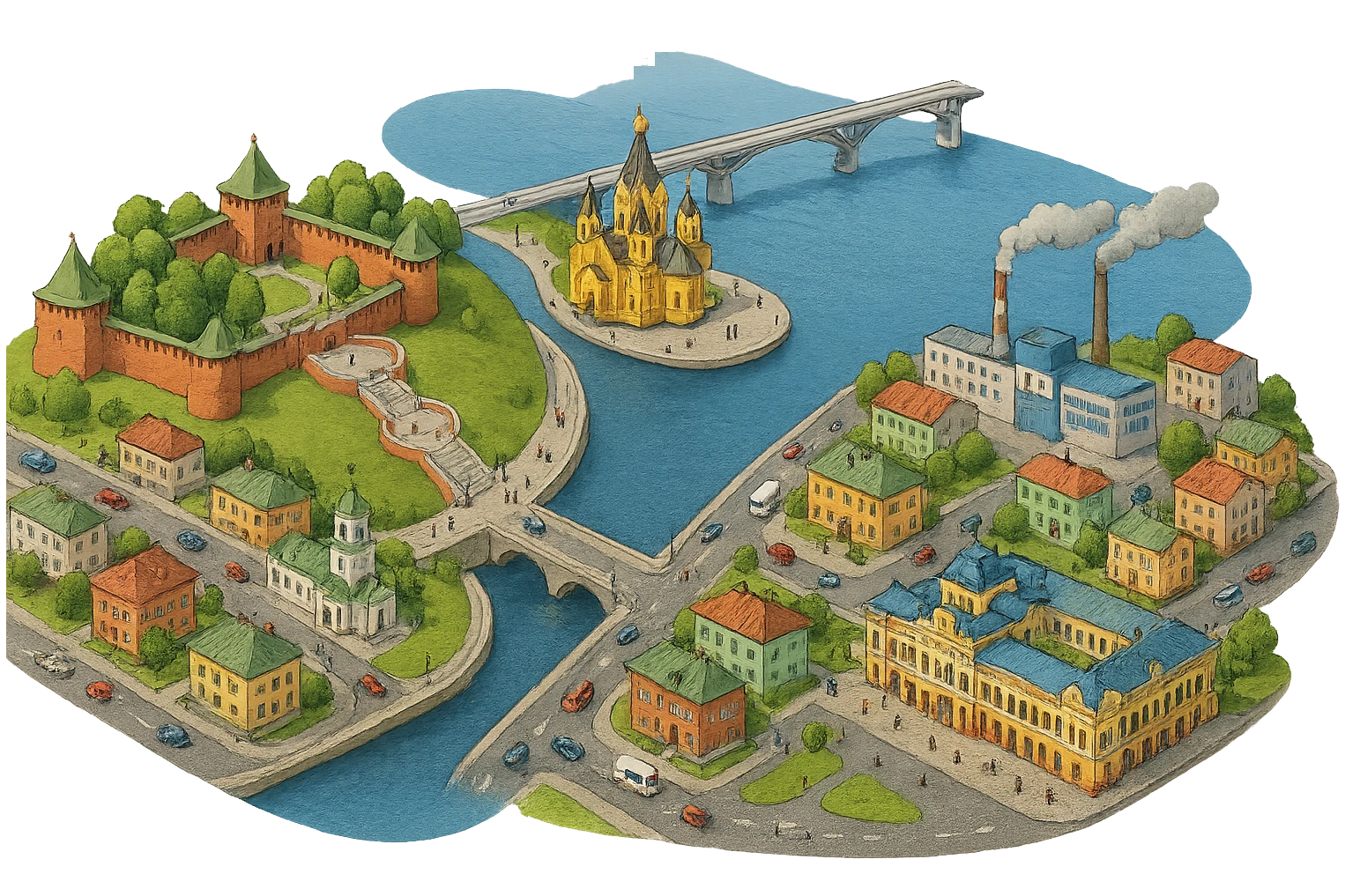Изометричная миниатюрная фотореалистичная 3D модель панорамы Нижнего Новгорода - Нижегородский Кремль, Стрелка между Окой и Волгой, ГАЗ, Чкаловская лестница, Борский Мост через Волгу, Нижегородская ярмарка, нижегородские дома, автотранспорт четкие линии, яркие цвета, мультяшный реализм, люди, автотранспорт, компактная композиция, вид сверху в изометрии, прозрачный фон emoji