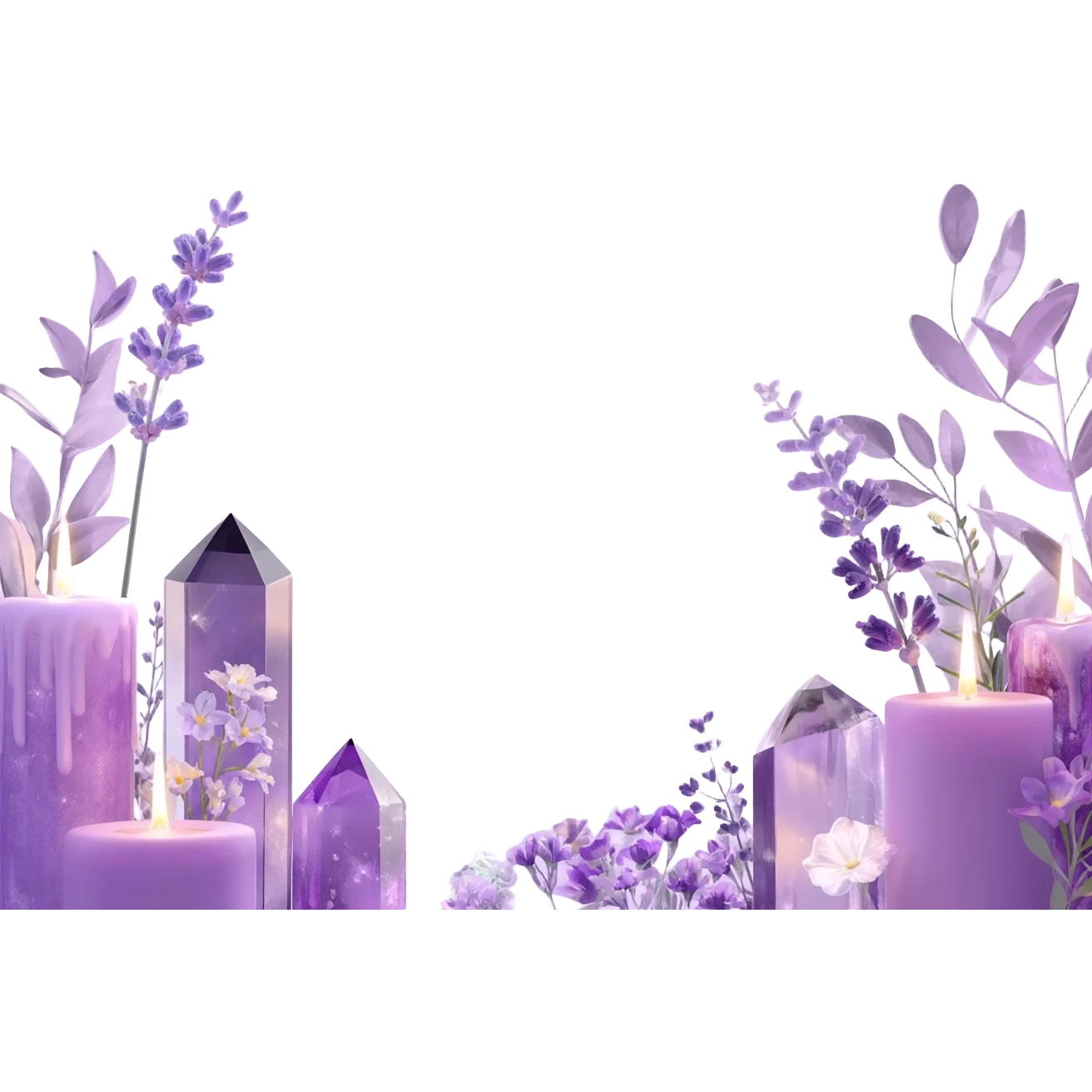 Aesthetic scenic romantic lavender lilac pastels beautiful gorgeous holy divine spiritual pretty elegant sparkly shiny scene of Candles, flowers, plants leaves, amethyst crystals, scenic aesthetic scenery emoji