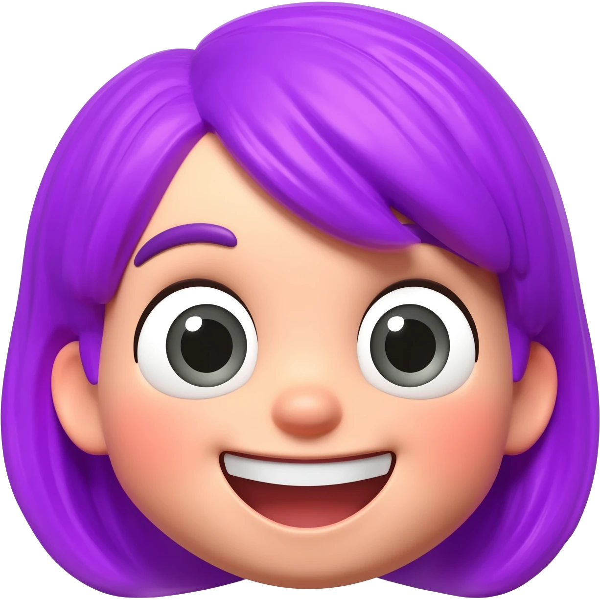 A cute 3D animated emoji character of a young girl face with vibrant purple hair. She has big expressive eyes and a wide happy smile showing teeth. The style is like a Pixar or Disney movie character, soft textures, high quality CGI render, isometric view, on a solid plain white background. emoji