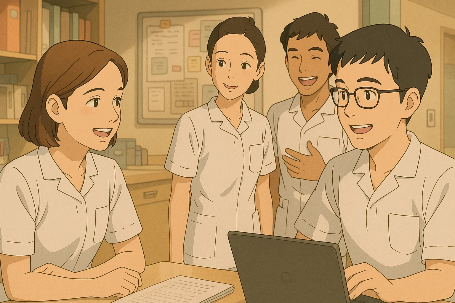 Interaction entre quatre étudiants infirmiers dans un poste de soin, ambiance d'équipe, style Ghibli. Uniformes blancs, tuniques médicales à col en V, poche poitrine à gauche, manches courtes, pas de pied de col, pas de stéthoscopes, rien ne dépasse des manches. Les visages s'inspirent des quatre photos jointes. emoji
