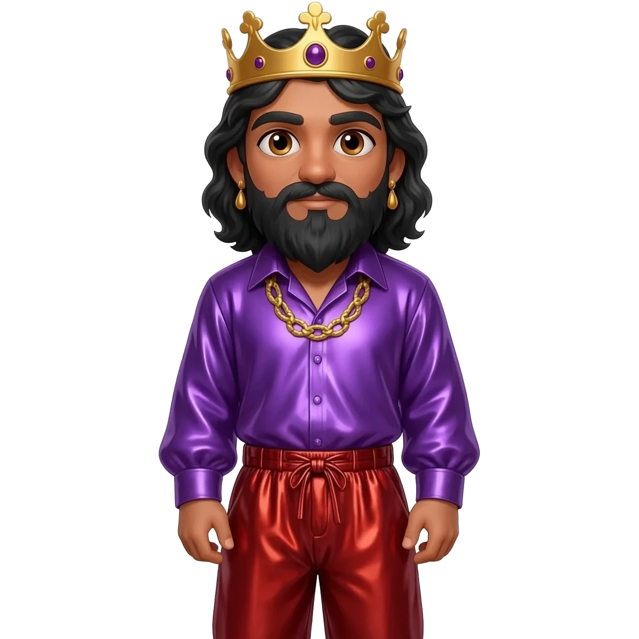 King Solomon with hazel eyes, long black hair, royal purple metallic shirt, red metallic baggy pants, gold necklace and earrings emoji