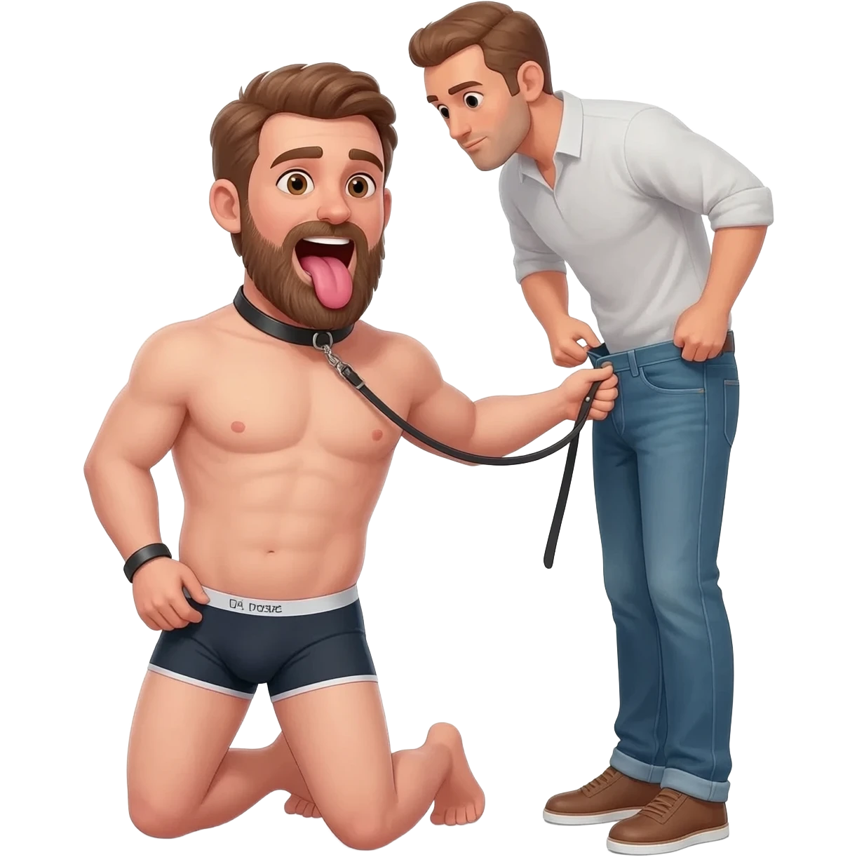 Bald bearded guy in underwear with mouth wide open and tongue out on his hands and knees wearing a collar and leash held by the first man in jeans and a the second man is unbuttoning his jeans emoji