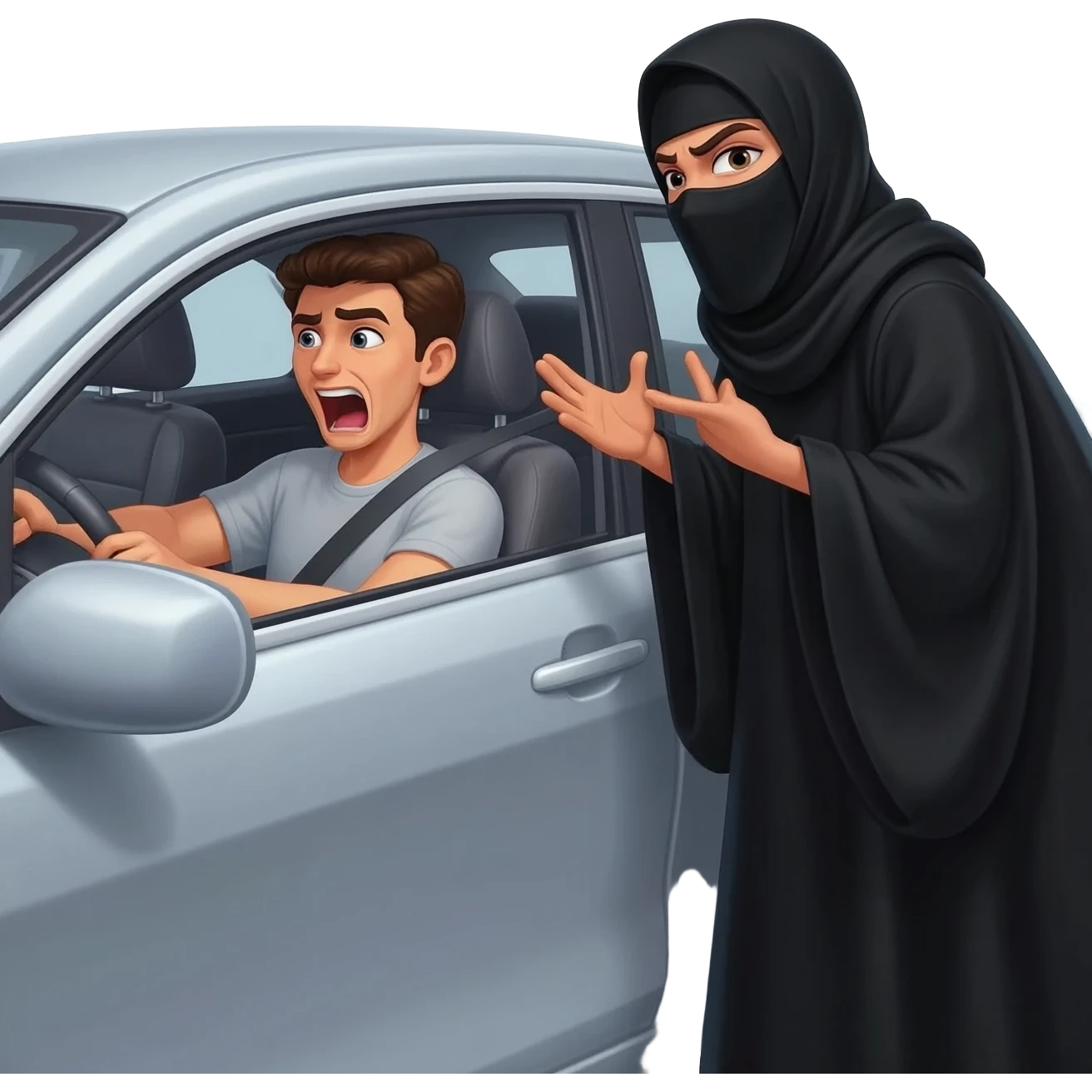 grosse dominatrice avec burca noir qui baise, hurle et insulte un jeune homme innocent conducteur dans sa voiture emoji