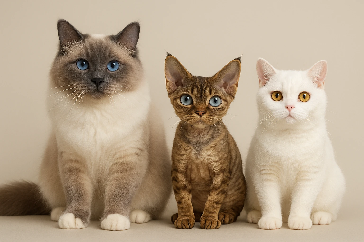 Three cats in a row: a large blue point Birman male with blue eyes on the left, a small brown tabby Devon Rex female with pale blue eyes in the middle, and a small white British Shorthair female with yellow eyes on the right. emoji