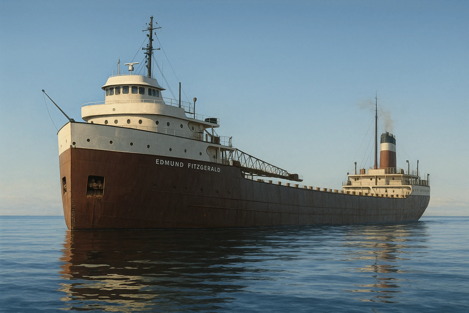 the Edmund Fitzgerald ship, detailed, on water, iconic silhouette emoji