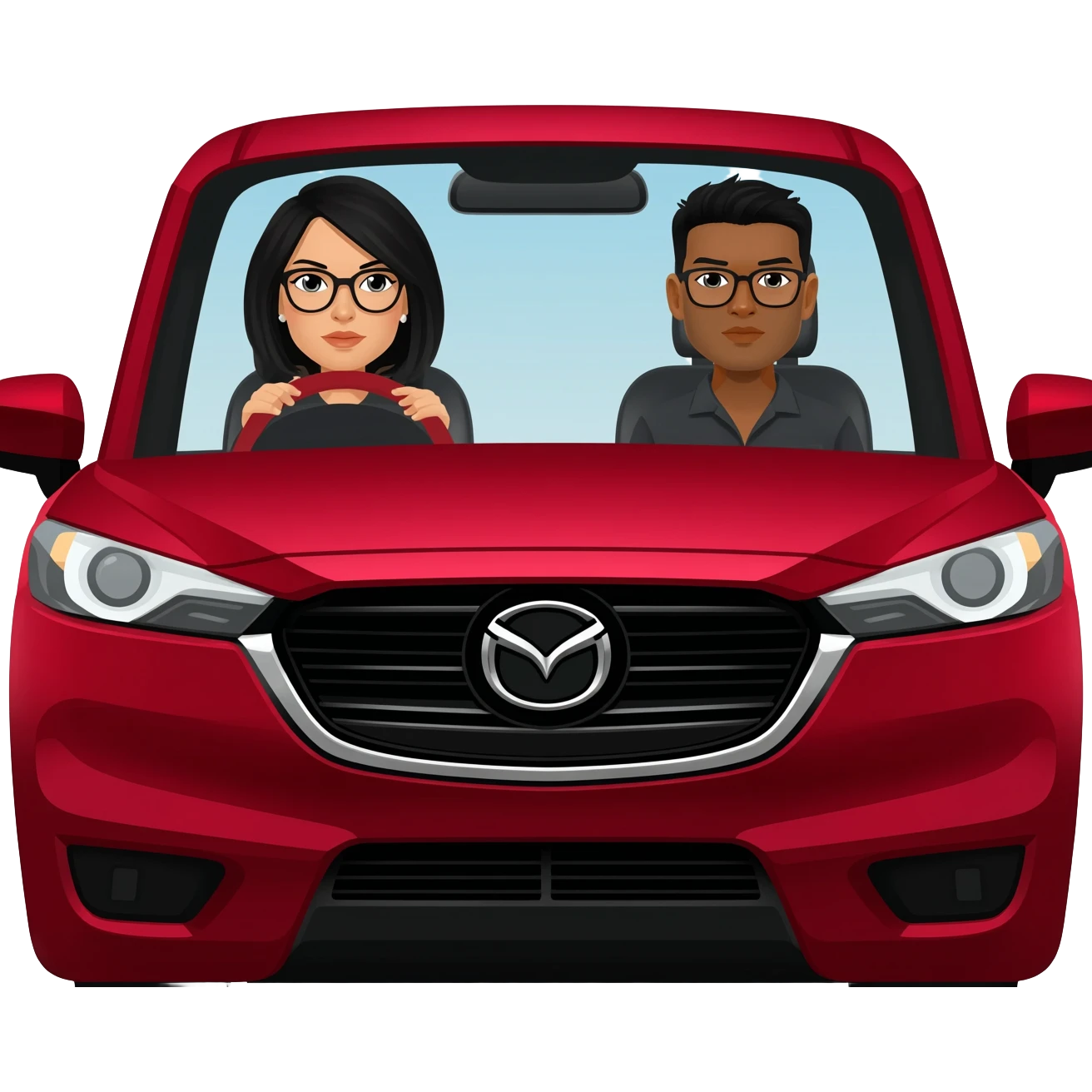 Camioneta roja mazda, con una mujer en el volante de pelo negro y lentes, y un copiloto hombre de pelo negro y lentes emoji