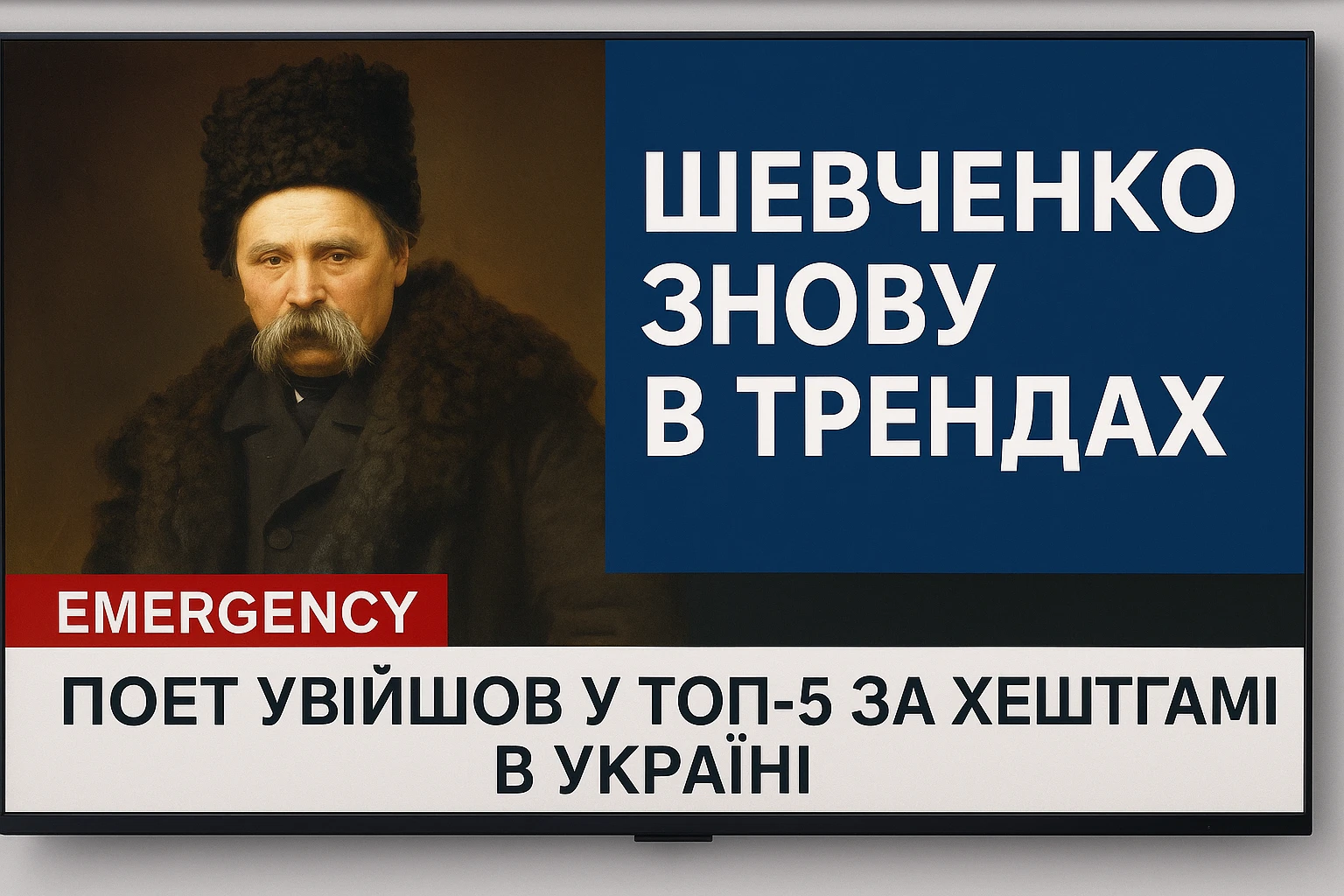 A realistic screenshot of a television news broadcast with an emergency report about Ukrainian poet Taras Shevchenko.
A downloaded image was used in the composition.
In the lower third of the screen, the headline "Шевченко знову в трендах" is displayed in large bold font,
and below it is a concise news ticker with the text "Поет увійшов у ТОП-5 за хештегами в Україні",
which provides brief updates.
The colour palette is clear and professional, with contrasting tones
characteristic of authoritative news channels.
The entire scene conveys the urgency and drama inherent in live news broadcasts. emoji
