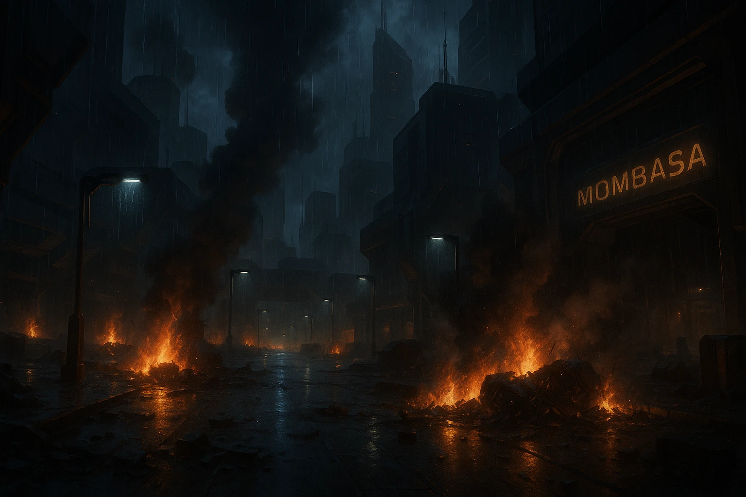 Night time streets of New Mombasa from ODST. "Mombasa Streets"  dying battle flames and smoke rise amongst pouring rain emoji