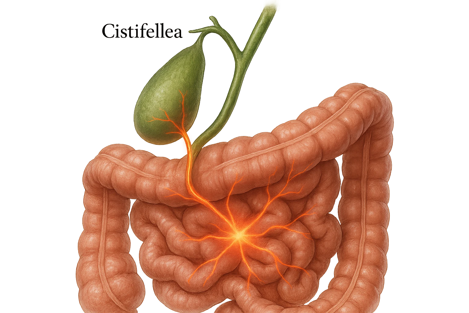 CISTIFELLEA E INTESTINO SONO COLLEGATI NEL DOLORE, iperrealistico 4k emoji