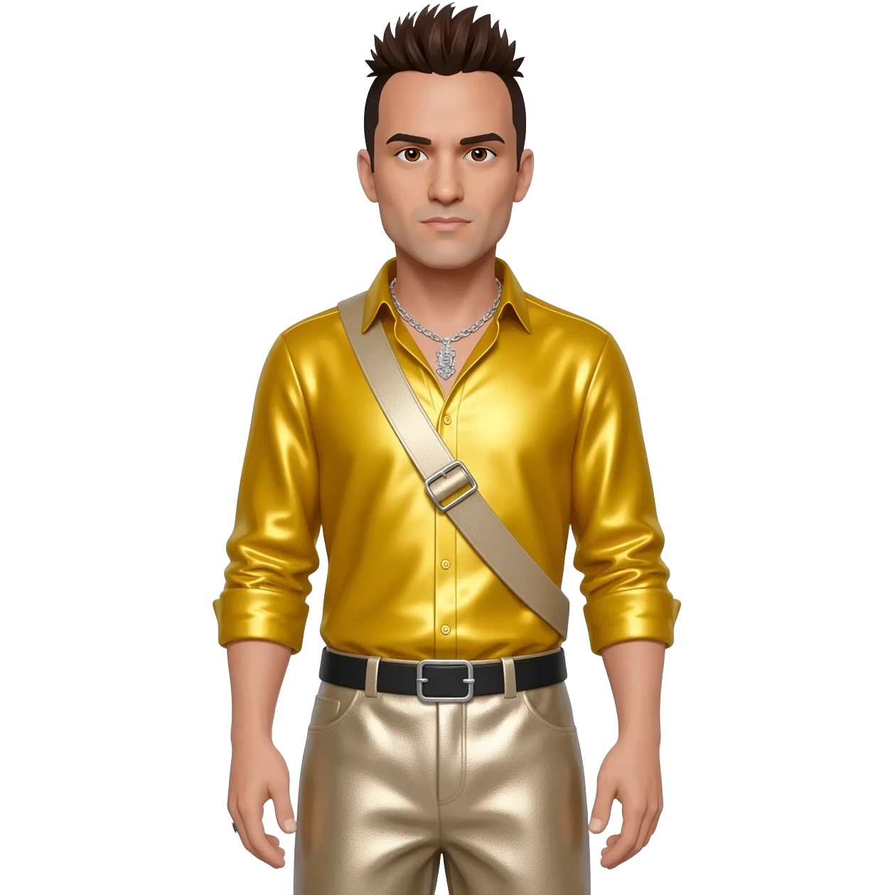 Serj Tankian with dark brown hair, yellow metallic shirt, beige metallic baggy pants, silver necklace emoji