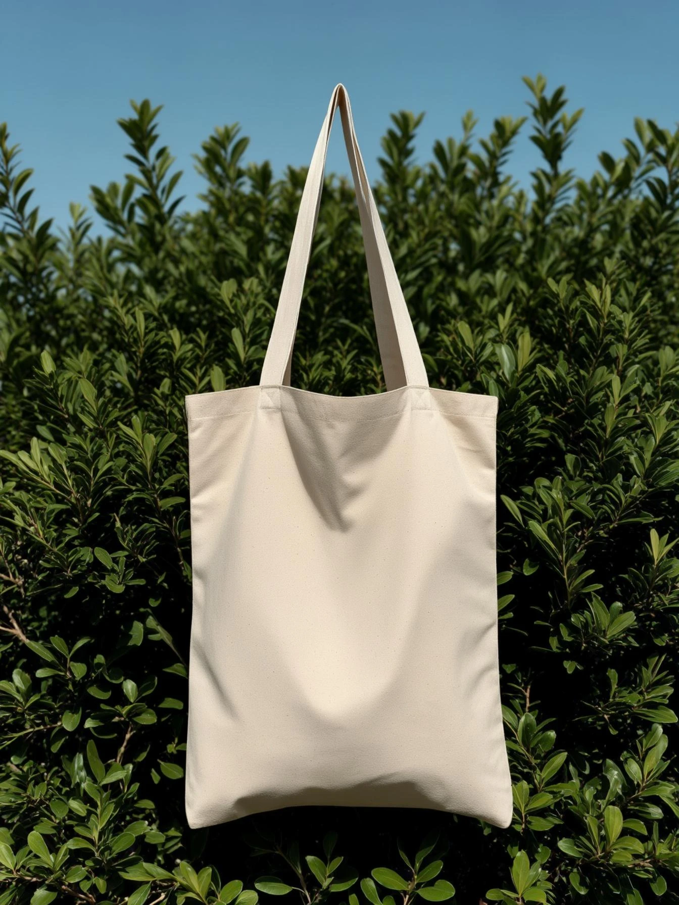 High-resolution mockup of a minimalist canvas tote bag, placed perfectly centered on the canvas. The tote bag is made of natural cotton fabric, light beige color, with a simple and elegant look. Background features a deep green organic bush, clean blue sky above, bright daylight, emoji