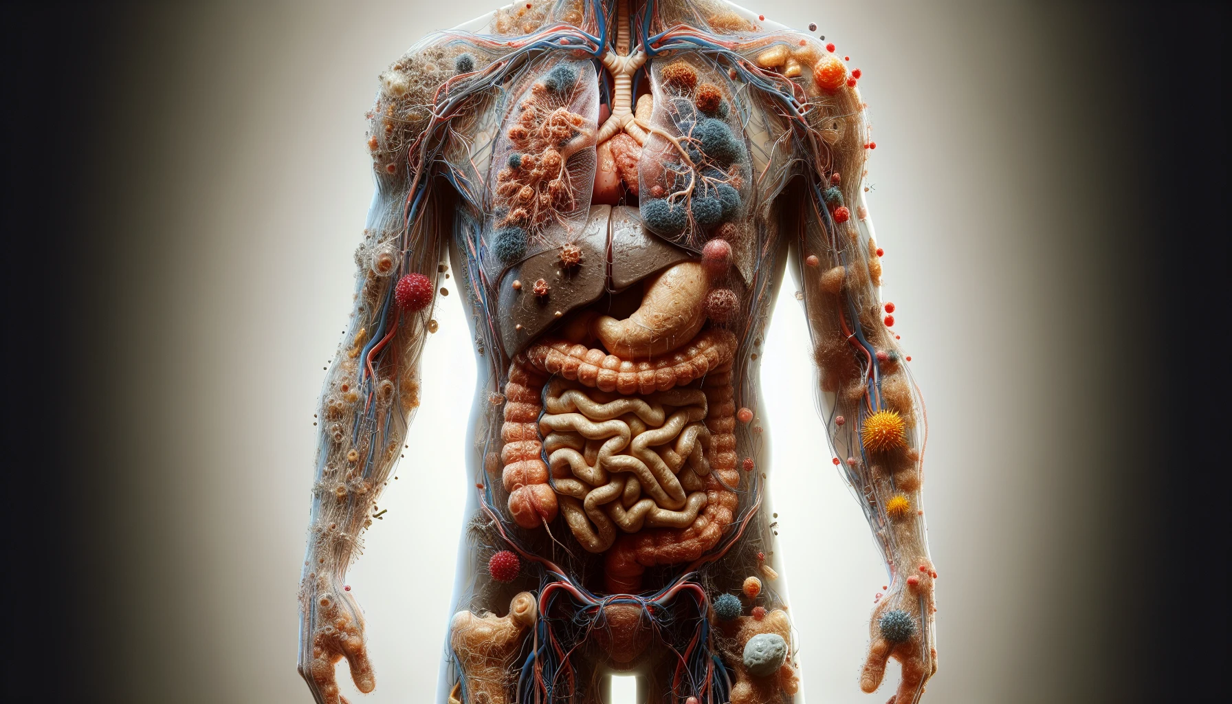 corpo umano anatomico che accumula tossine e virus e malattie nel corpo , sfondo neutro chiaro, iperrealistico 4k emoji
