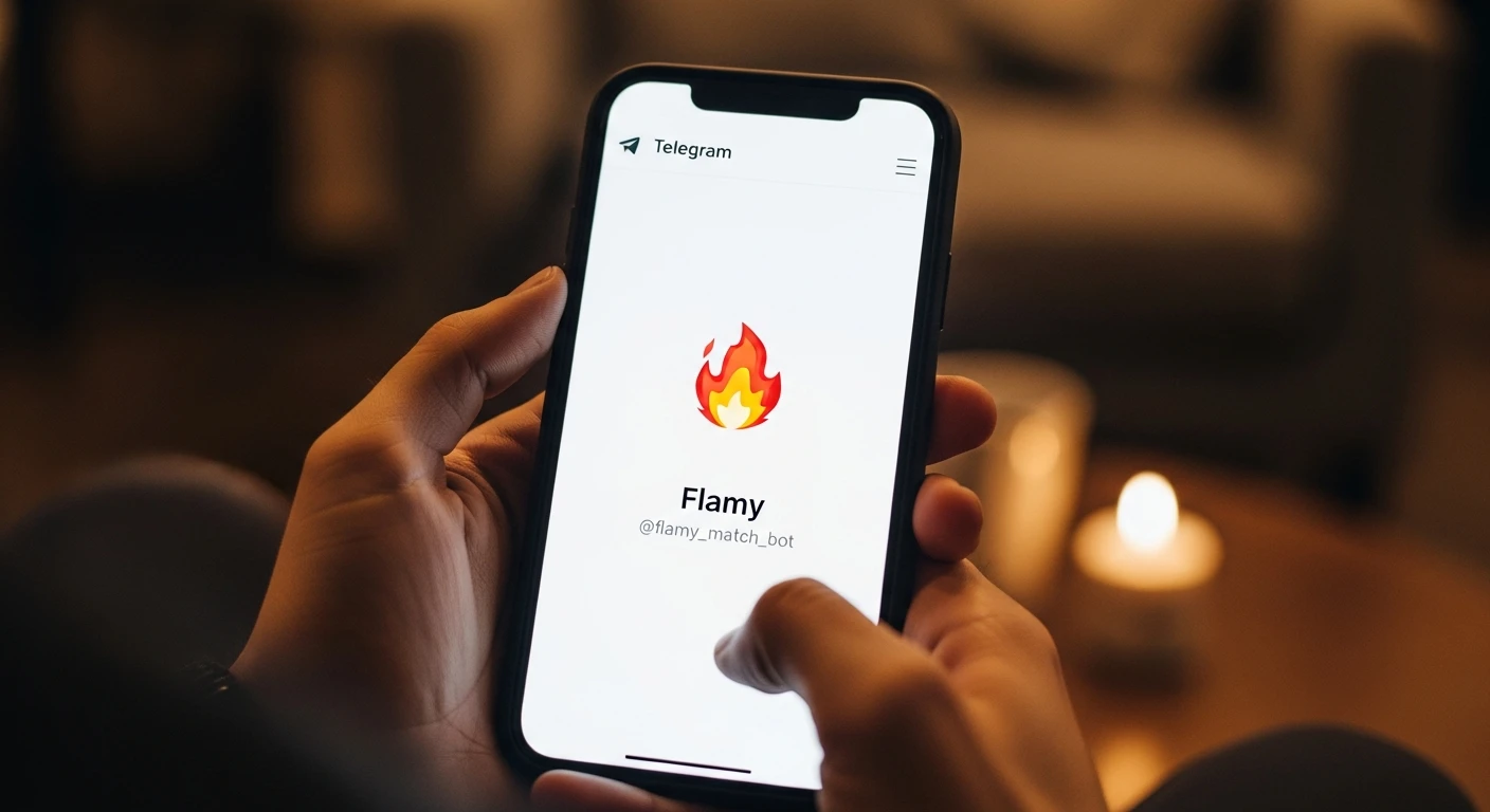 у меня в телеграм бот для знакомств - Flamy. Логотип бота - Emoji огонька. id бота в телегам - @flamy_match_bot. Мне нужно чтобы ты сгенерировал картинку для рекламного поста, чтобы рекламировать бота в других каналах. Сделай рекламу где показано как держат телефон на котором открыт Flamy. emoji
