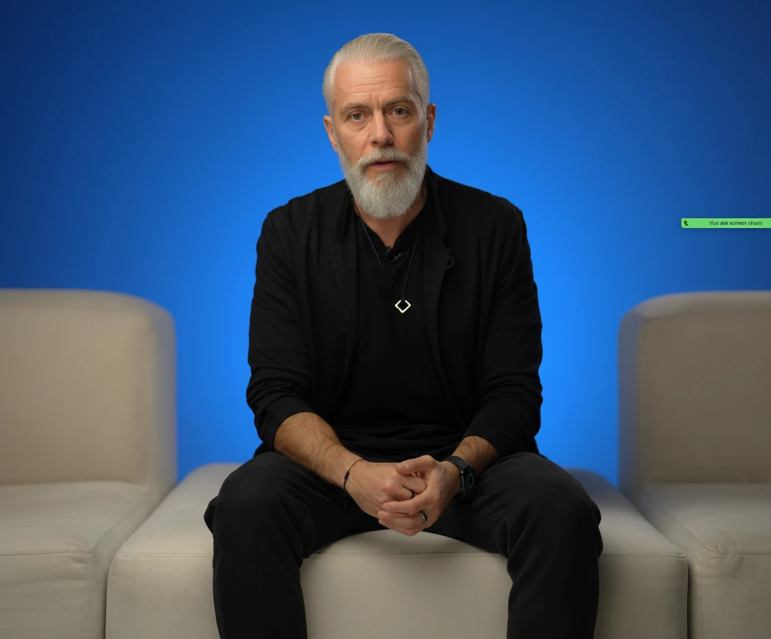 Состарь лицо этого человека, сделай седы волосы и добавь бороду, сохранив позу и все остальное emoji