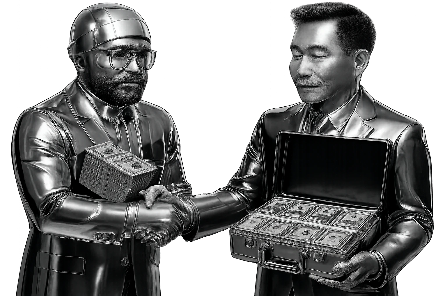 Two men with light white skin tones, both wearing shiny chrome suits, no beanie. One man is holding a stack of money, the other is holding an open briefcase full of money, and they are shaking hands. Transparent background. emoji