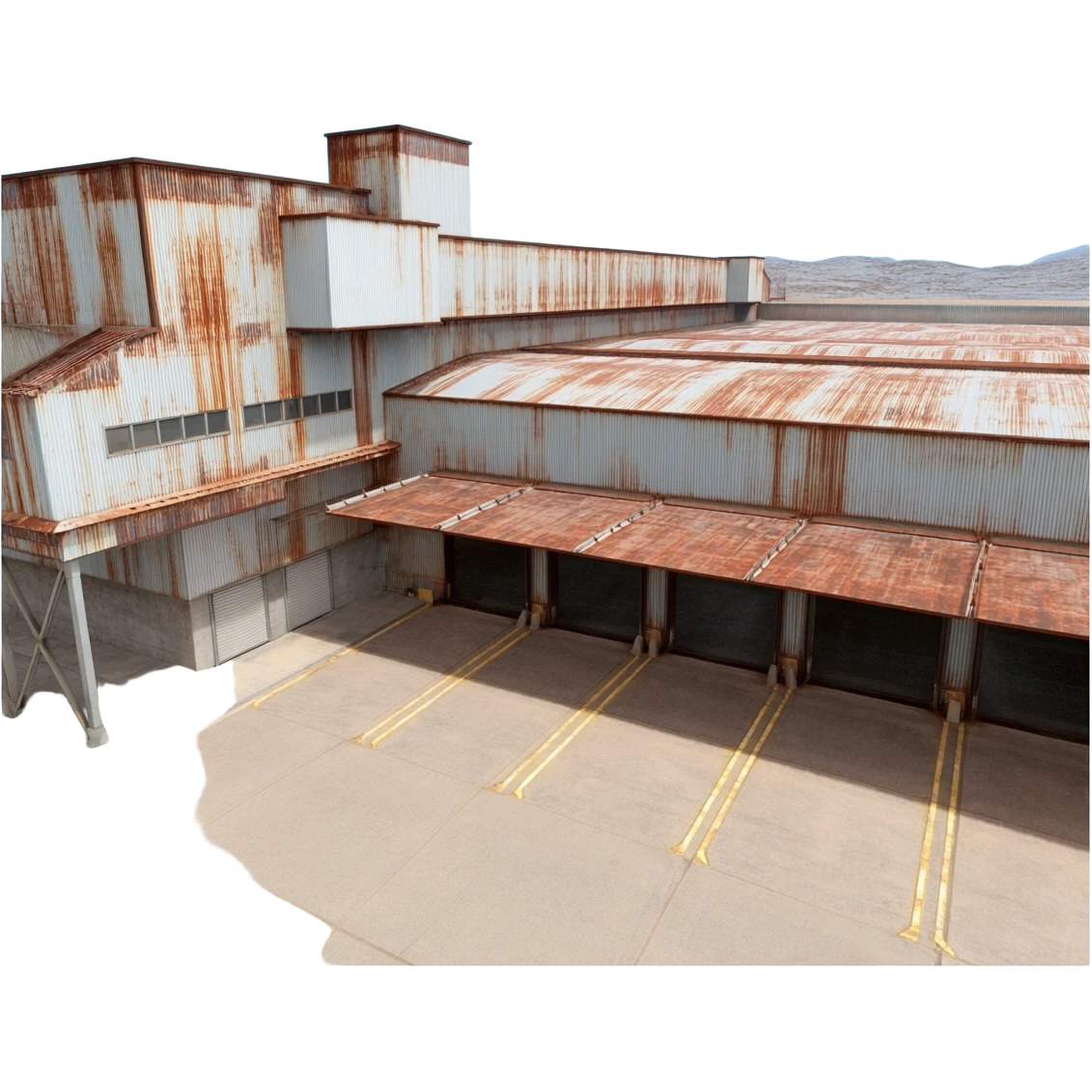 a industrial building from an overhead view in a foreign country in the style of dark realism emoji