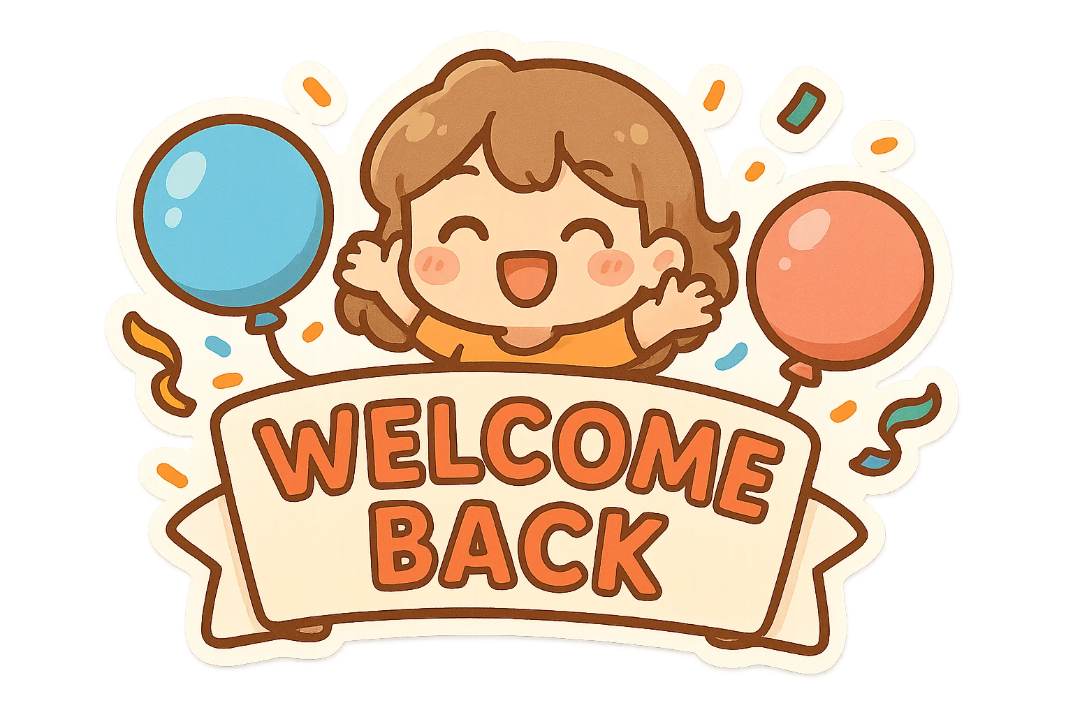 cheerful 'Welcome Back' sign with colorful confetti and balloons, playful style emoji